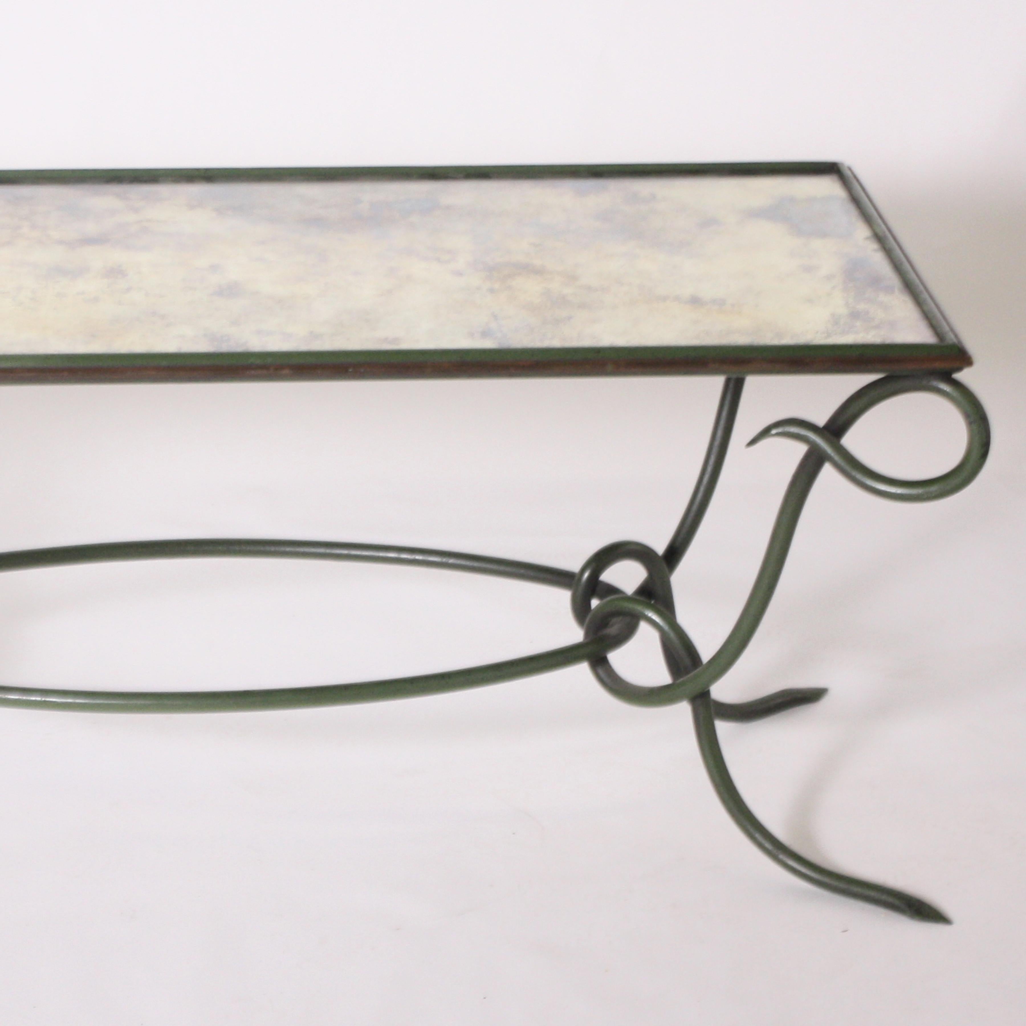 Rene Prou Green Metal Coffee Table with Antique Mirror, circa 1950 In Good Condition For Sale In Dallas, TX
