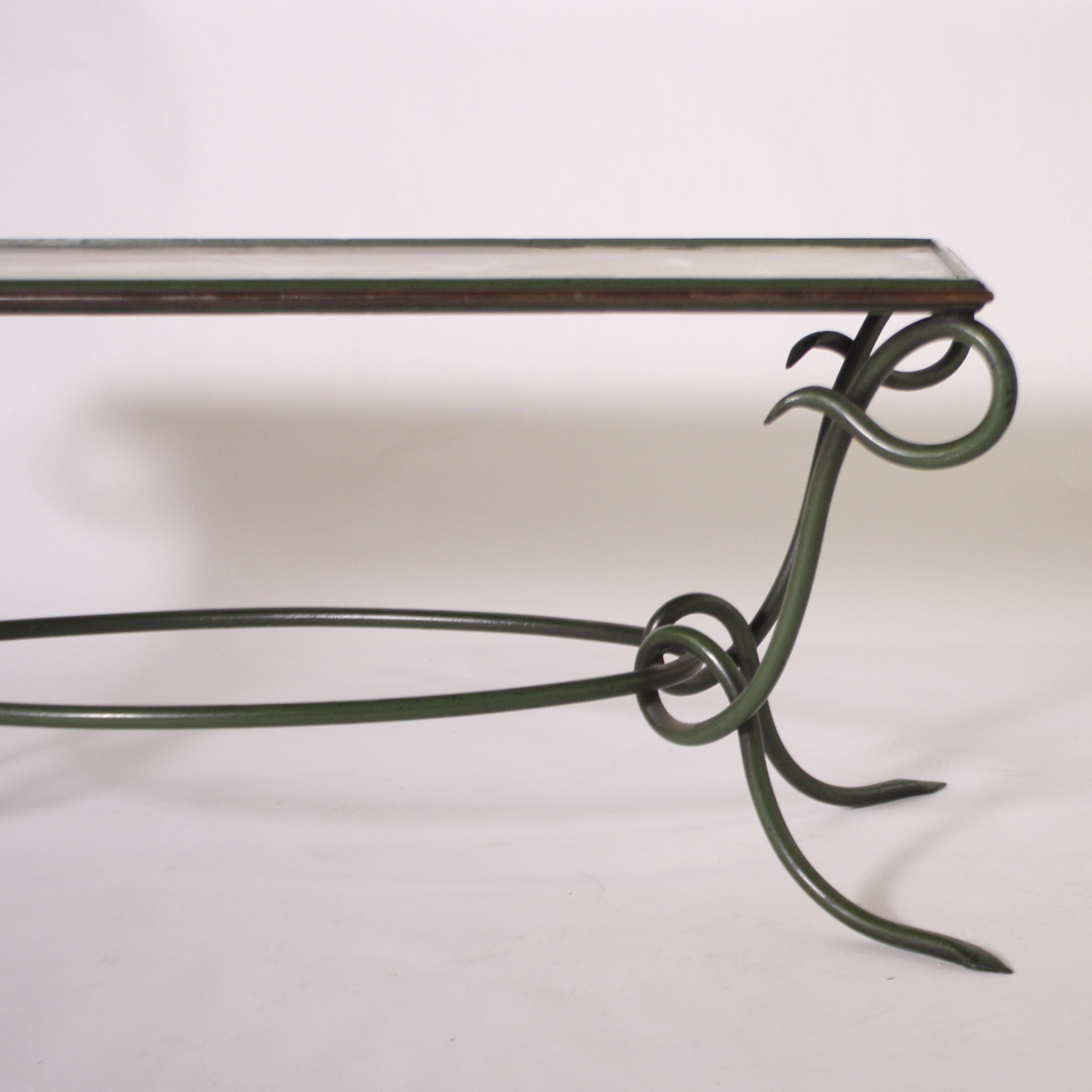 Mid-20th Century Rene Prou Green Metal Coffee Table with Antique Mirror, circa 1950 For Sale