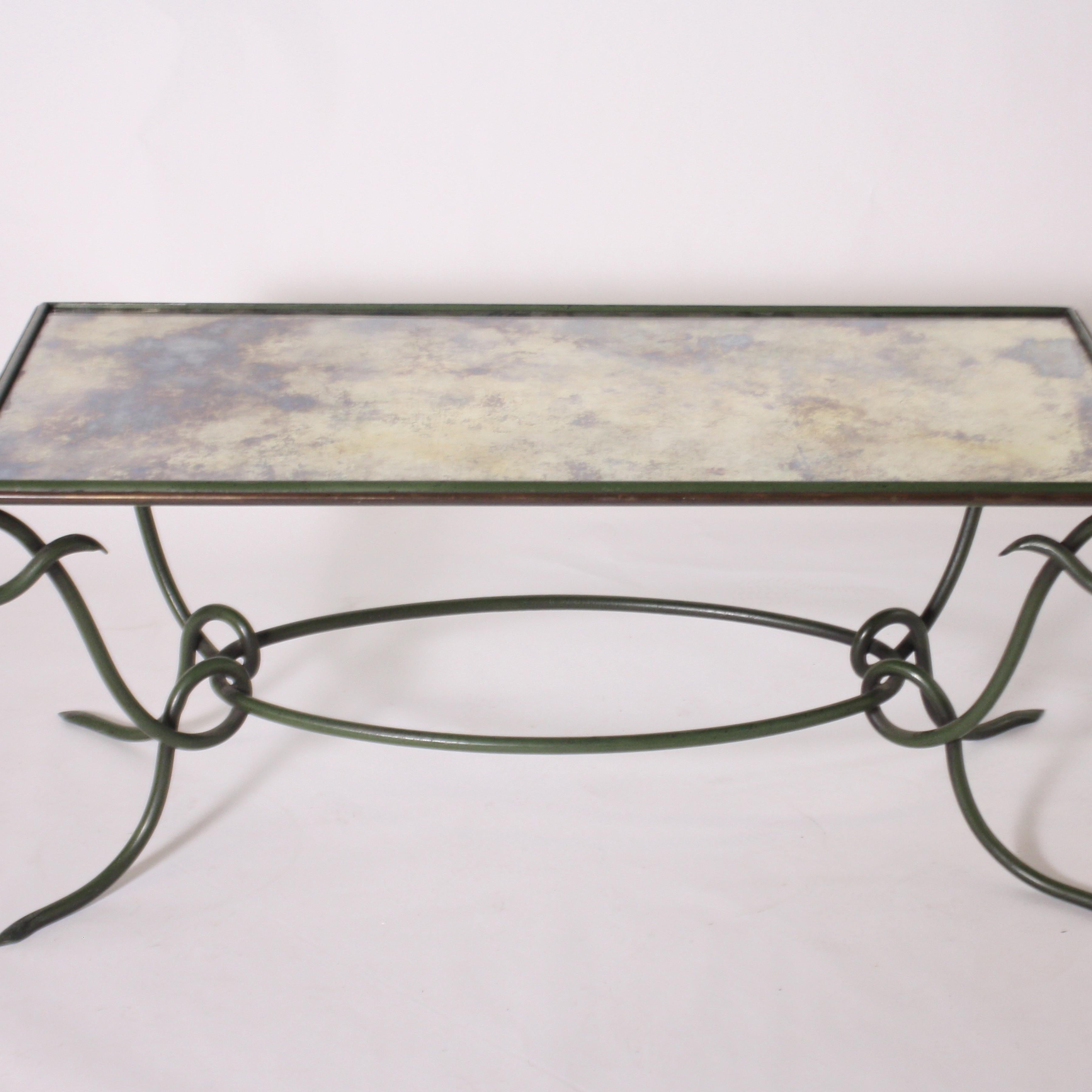 Rene Prou Green Metal Coffee Table with Antique Mirror, circa 1950 For Sale 1