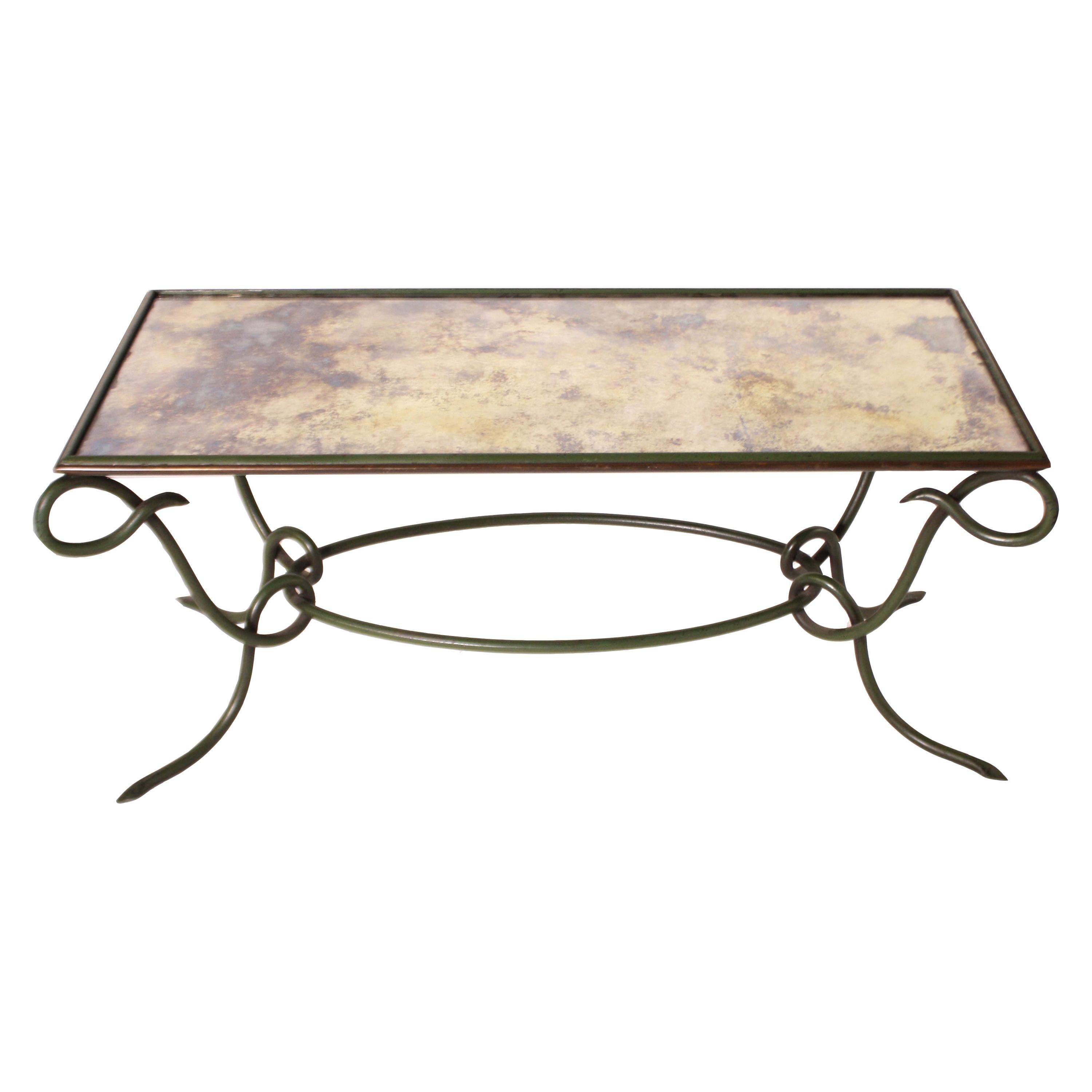 Rene Prou Green Metal Coffee Table with Antique Mirror, circa 1950 For Sale