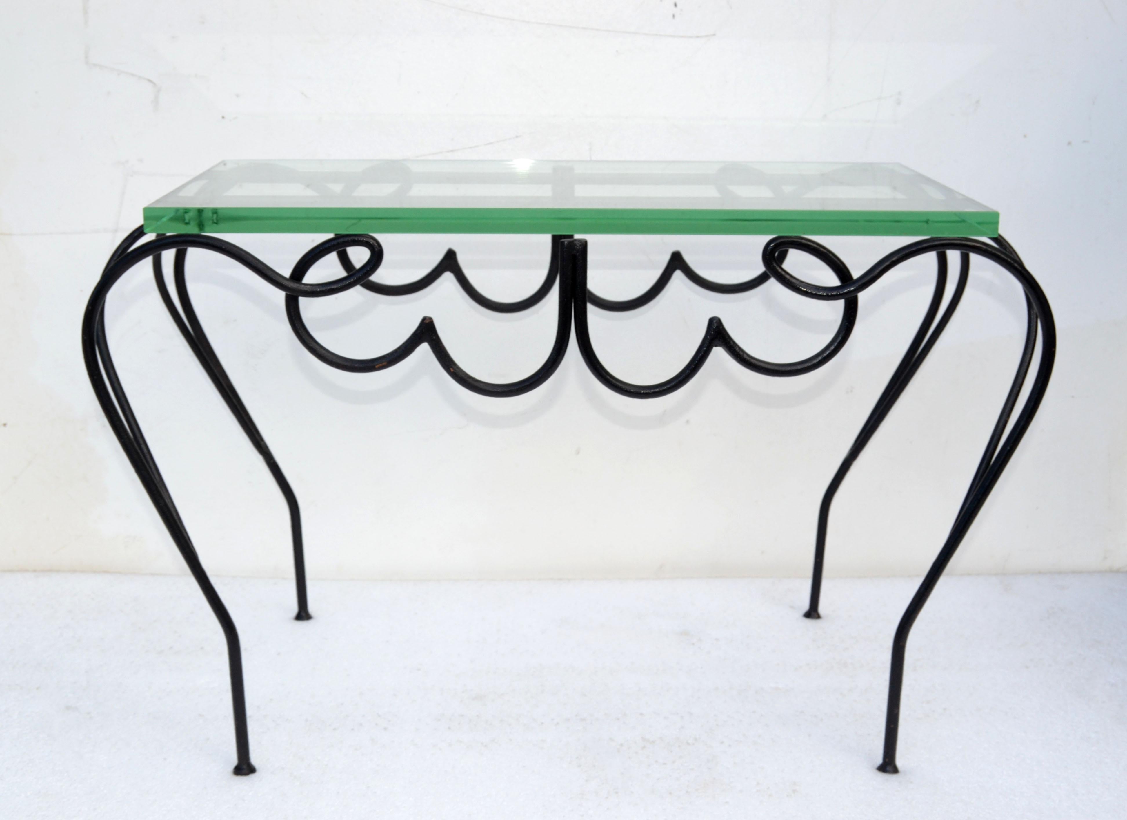 René Prou Iconic Black Iron & Glass French Side, End Table Mid-Century Modern In Good Condition For Sale In Miami, FL