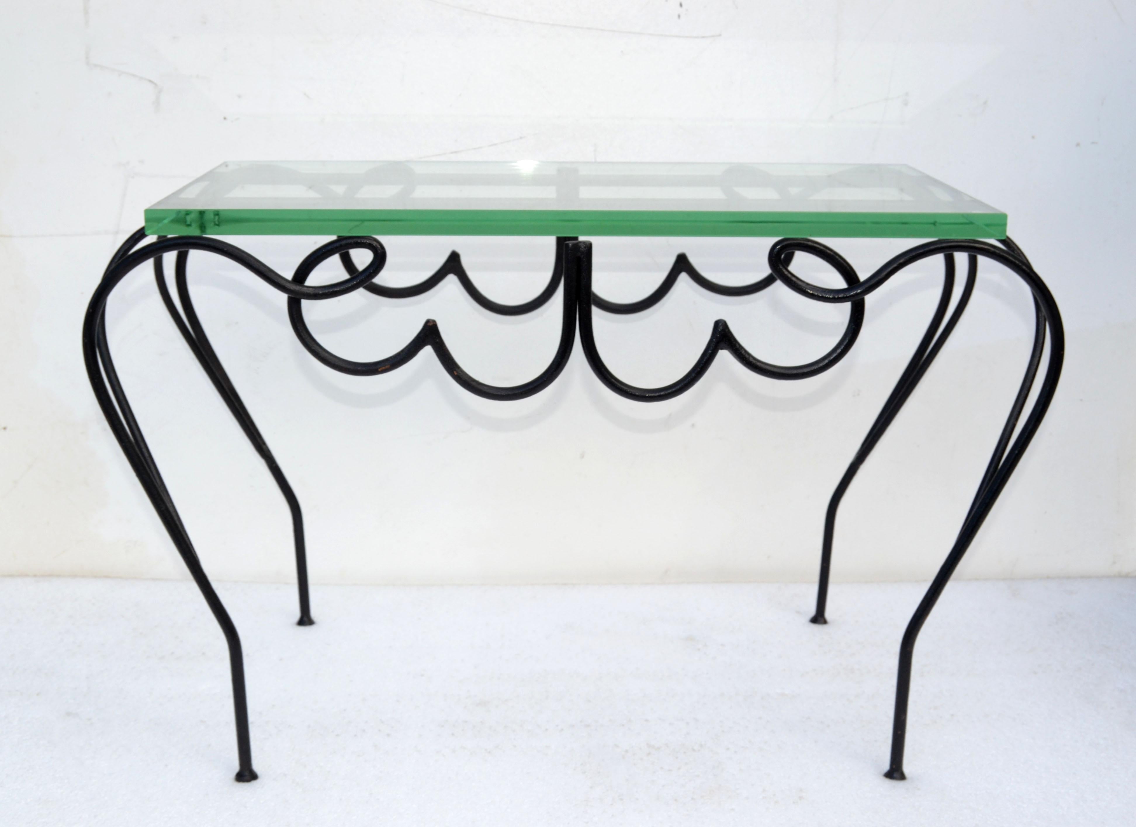 Francese René Prou Iconic Black Iron & Glass French Side, End Table Mid-Century Modern in vendita