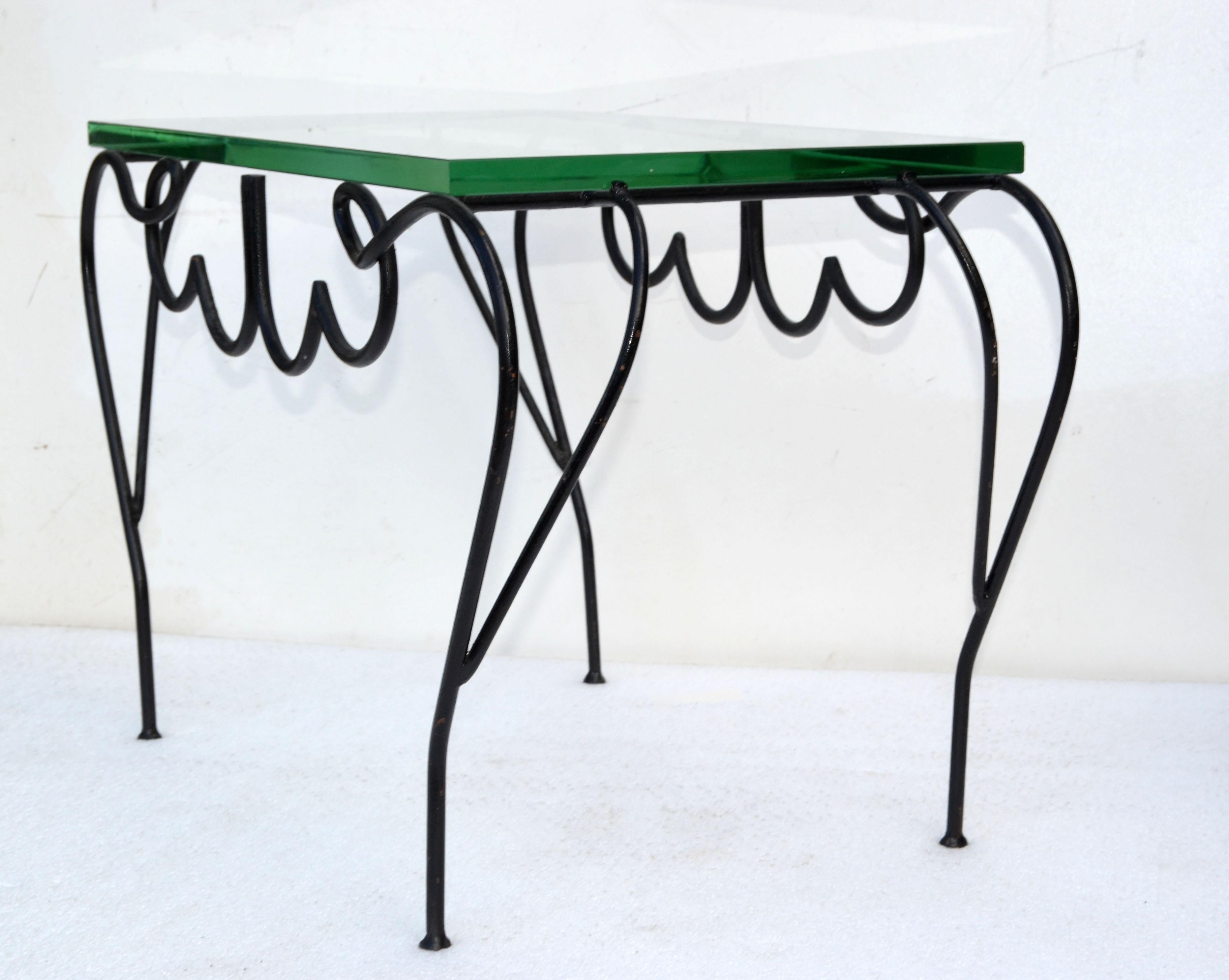 Wrought Iron René Prou Iconic Black Iron & Glass French Side, End Table Mid-Century Modern For Sale