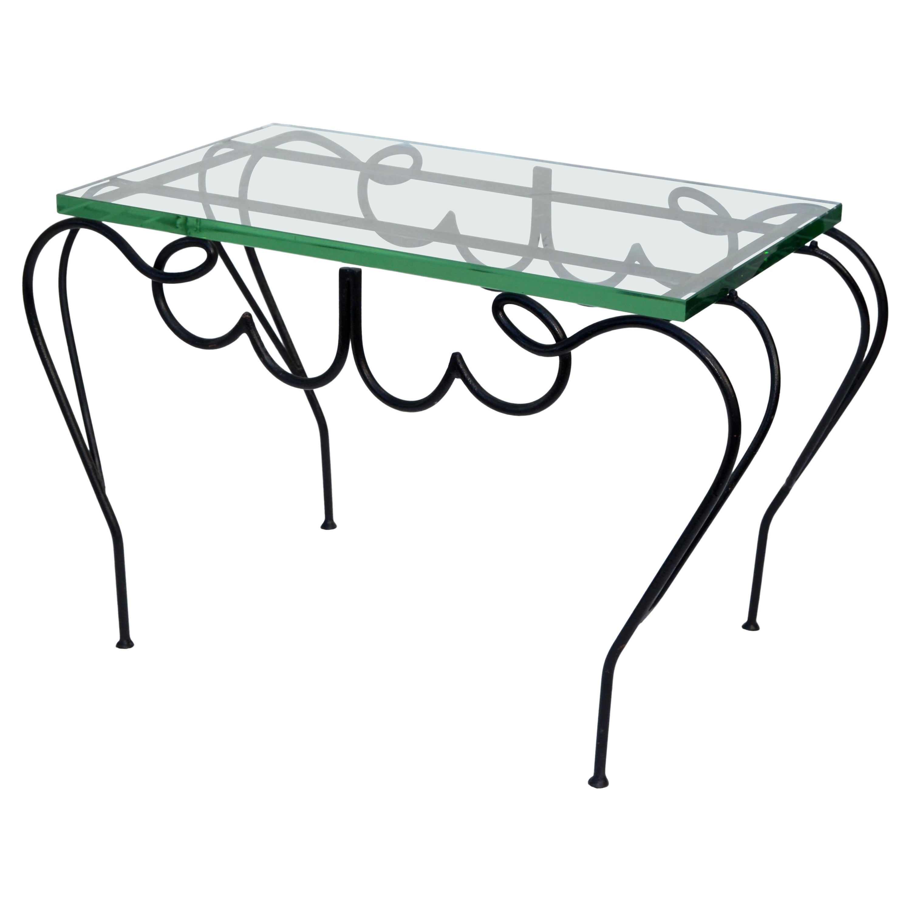 René Prou Iconic Black Iron & Glass French Side, End Table Mid-Century Modern
