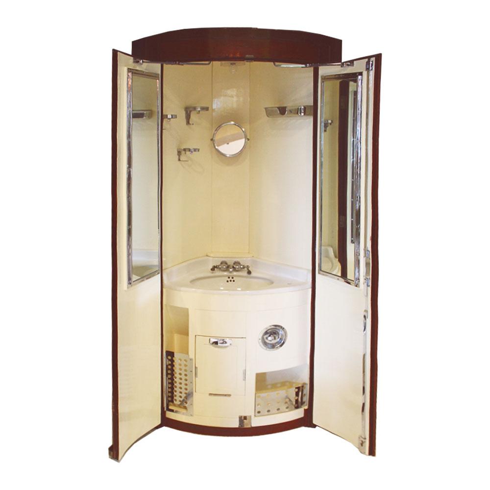 Introducing a truly extraordinary piece of furniture, the Rene Prou lacquered and marquetry inlaid mahogany corner wash closet from the Orient Express. This exceptional creation, dating back to circa 1927, is a fine example of the exquisite