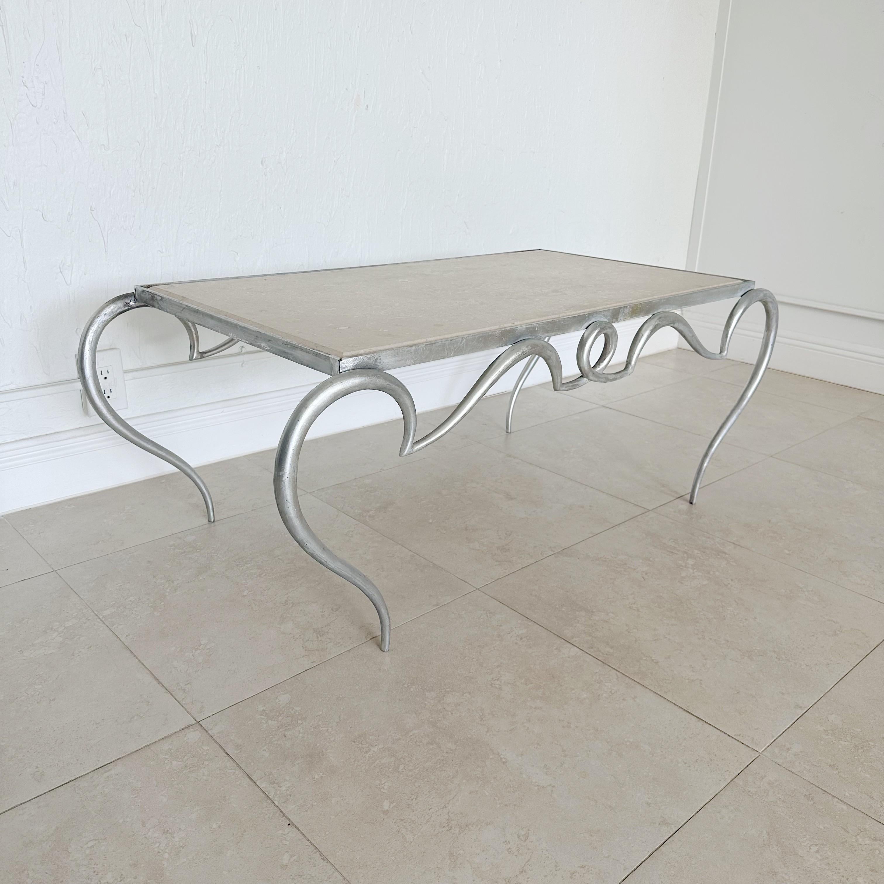 Hollywood Regency Rene Prou Silver Leaf Iron Scroll Coffee Table For Sale