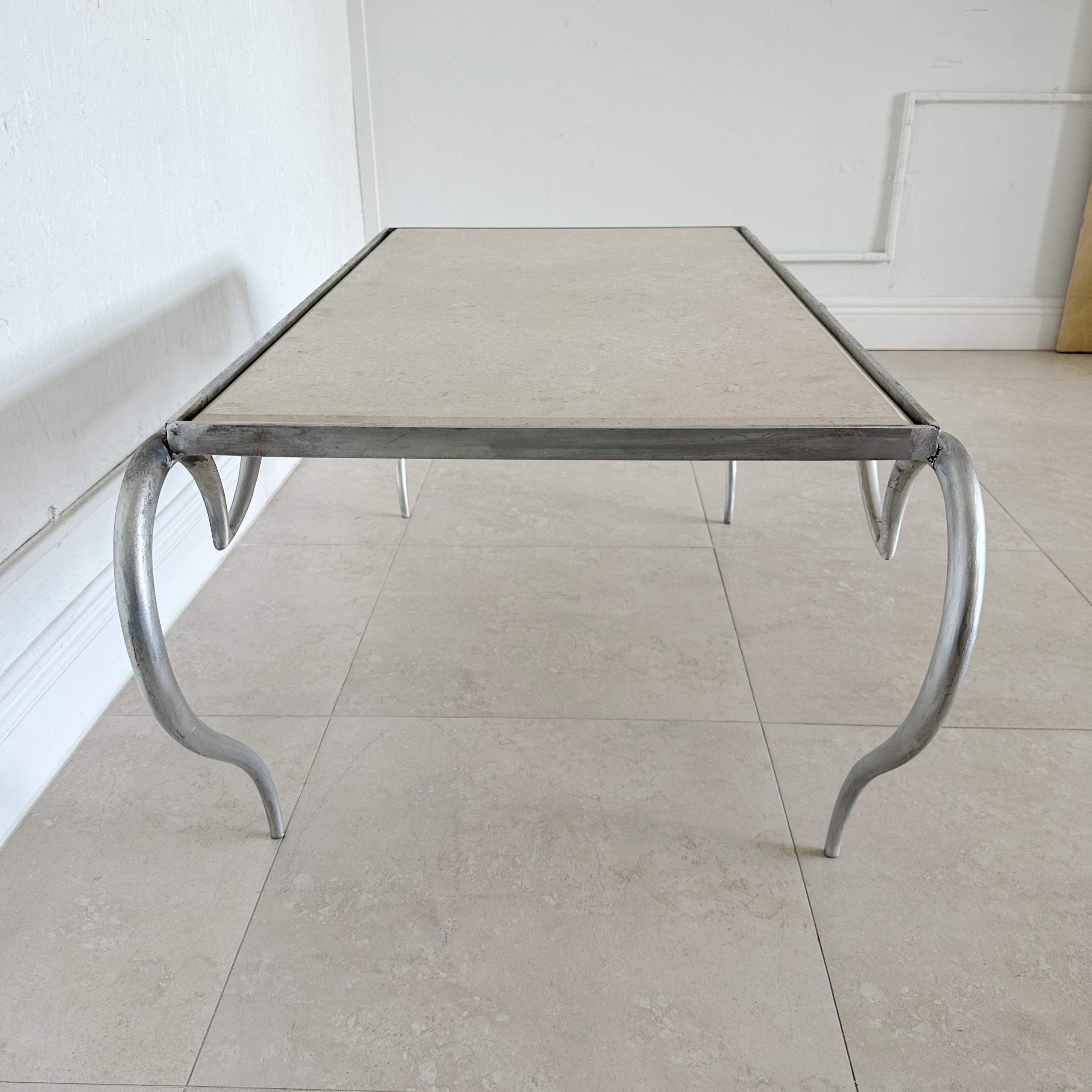 Rene Prou Silver Leaf Iron Scroll Coffee Table In Good Condition For Sale In West Palm Beach, FL