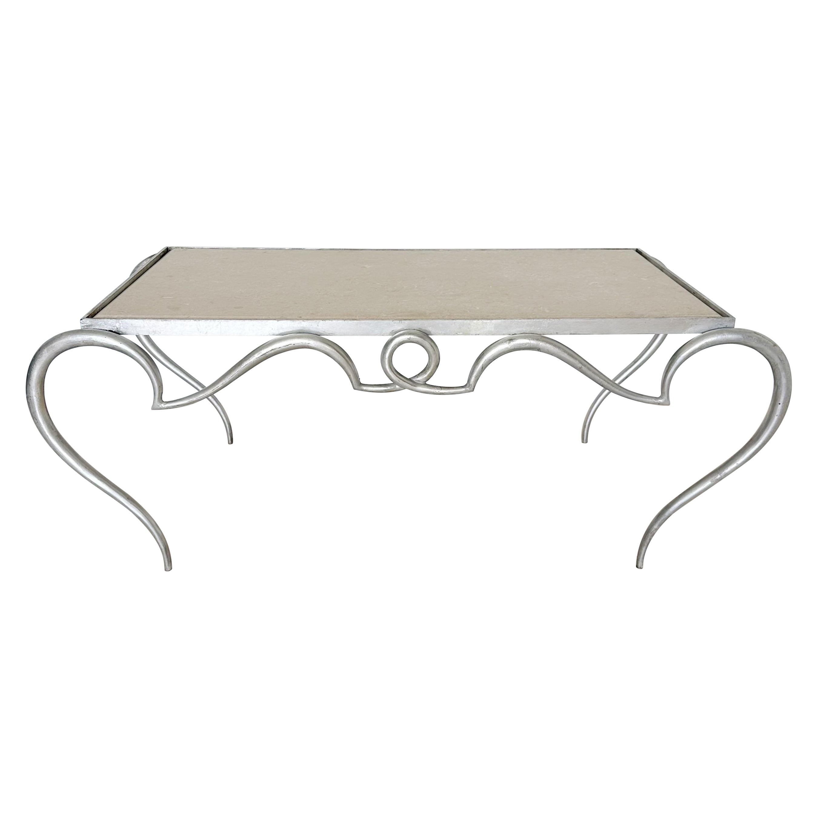 Rene Prou Silberblatt Eisen Scroll Couchtisch im Angebot