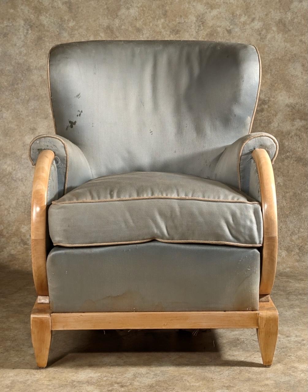 French Art Deco single club chair by Rene Prou, circa 1937, in sycamore. 28” wide x 32” deep x 34” high. Unrestored in the photos.

RENE PROU

(1889-1948)

A decorator as well as furniture designer, Rene Prou was born in Nantes and educated in