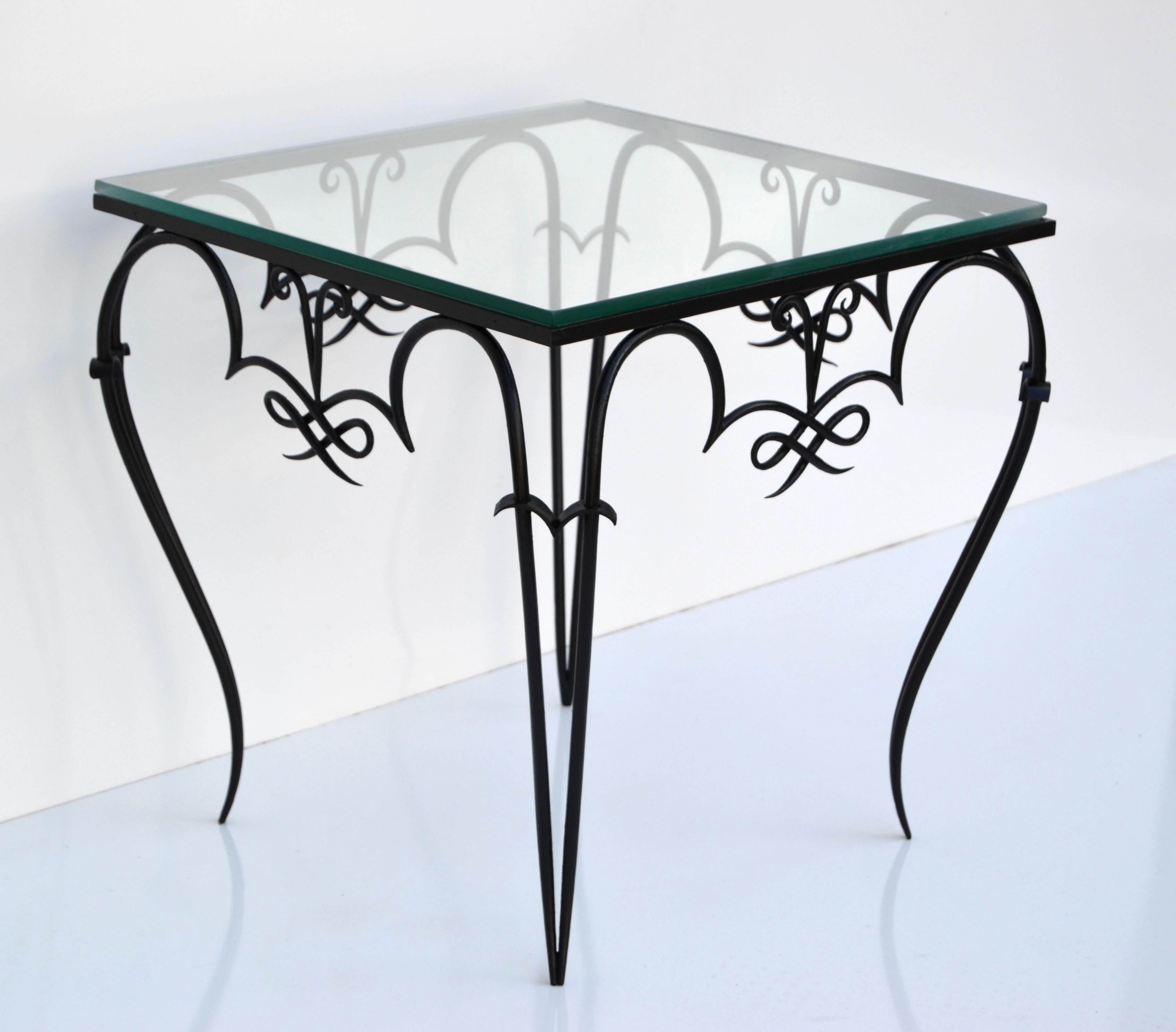 René Prou Style Art Deco Black Wrought Iron & Glass Top Side Table France, 1940 For Sale 5