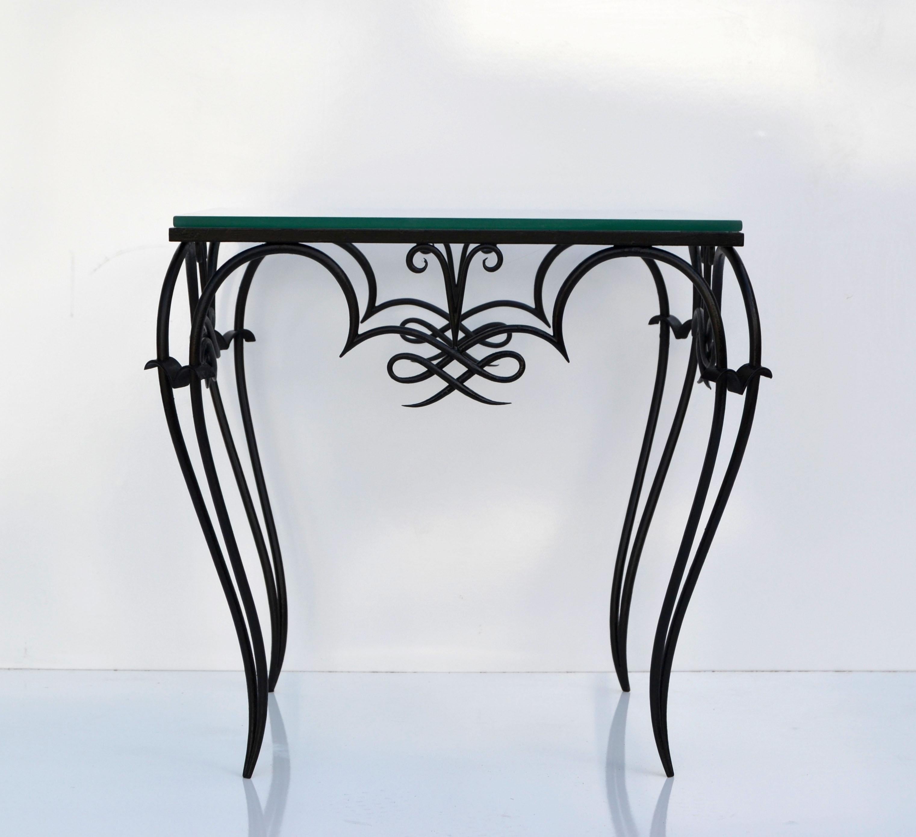 Beistelltisch aus schwarzem Schmiedeeisen und Glasplatte im Art déco-Stil von Ren Prou, Frankreich, 1940 im Angebot 8