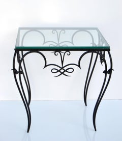 René Prou Style Art Deco Black Wrought Iron & Glass Top Side Table France, 1940