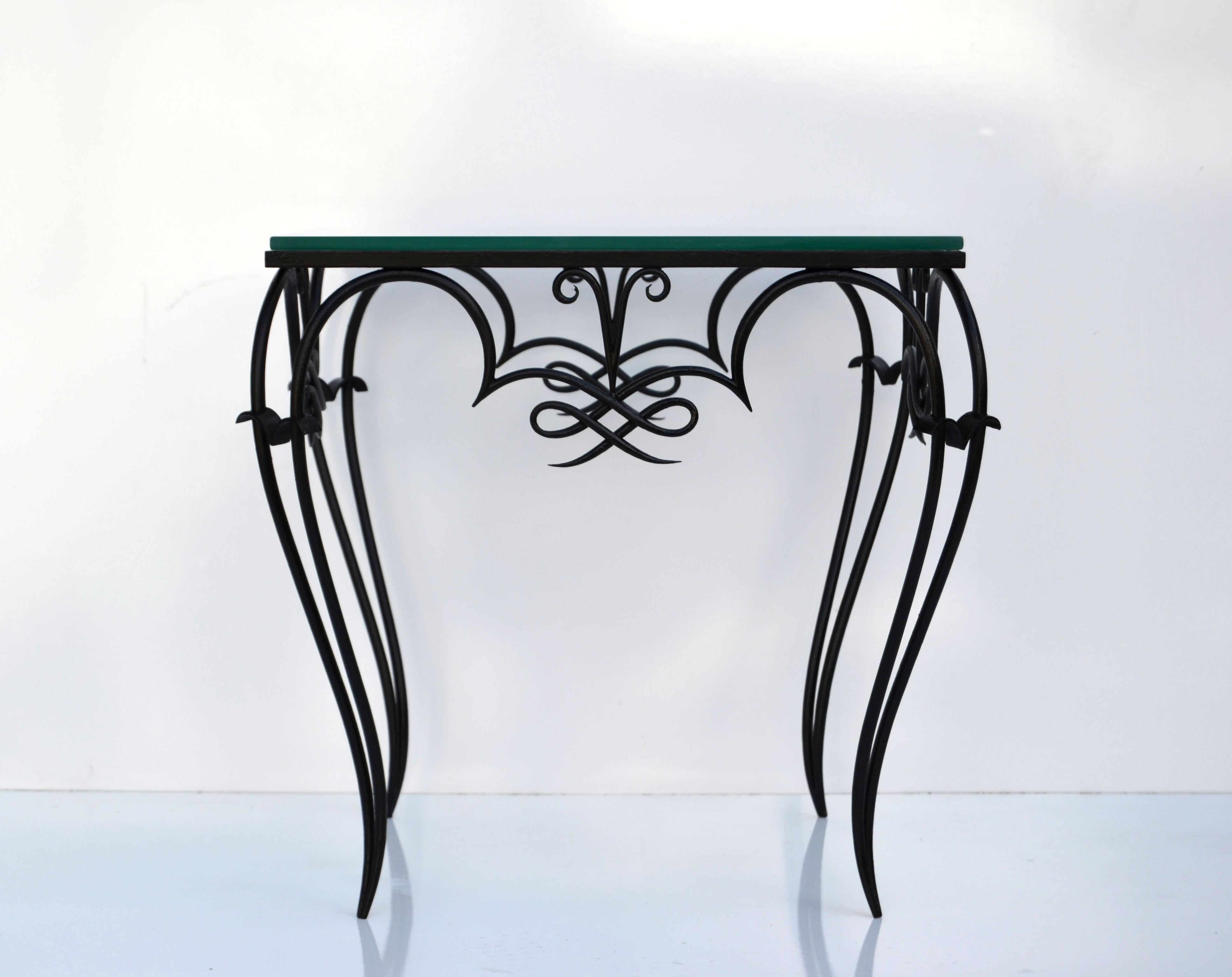 Painted René Prou Style Art Deco Black Wrought Iron & Glass Top Side Table France, 1940 For Sale