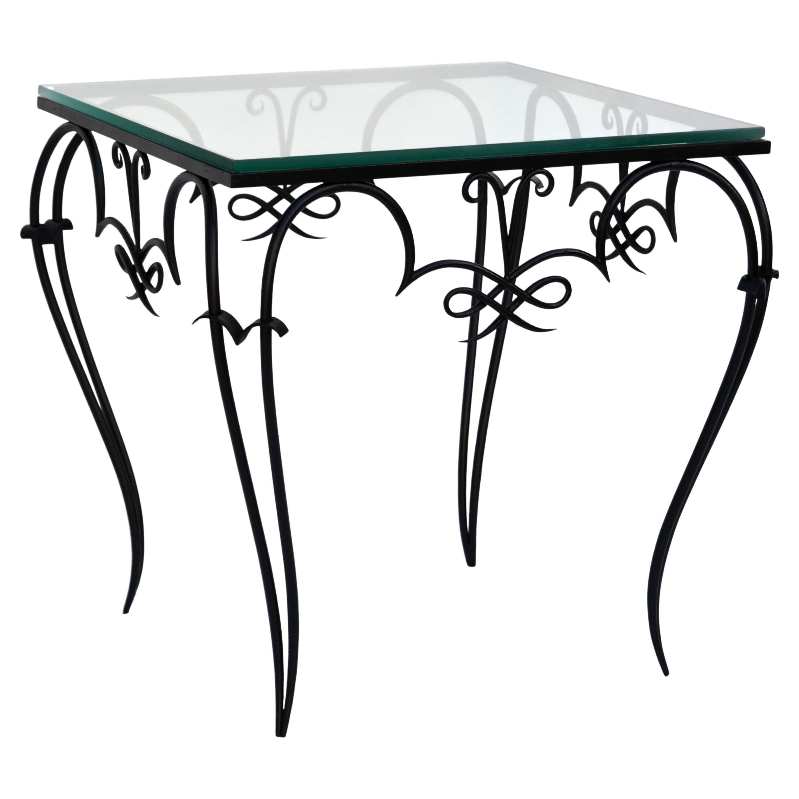 René Prou Style Art Deco Black Wrought Iron & Glass Top Side Table France, 1940 For Sale