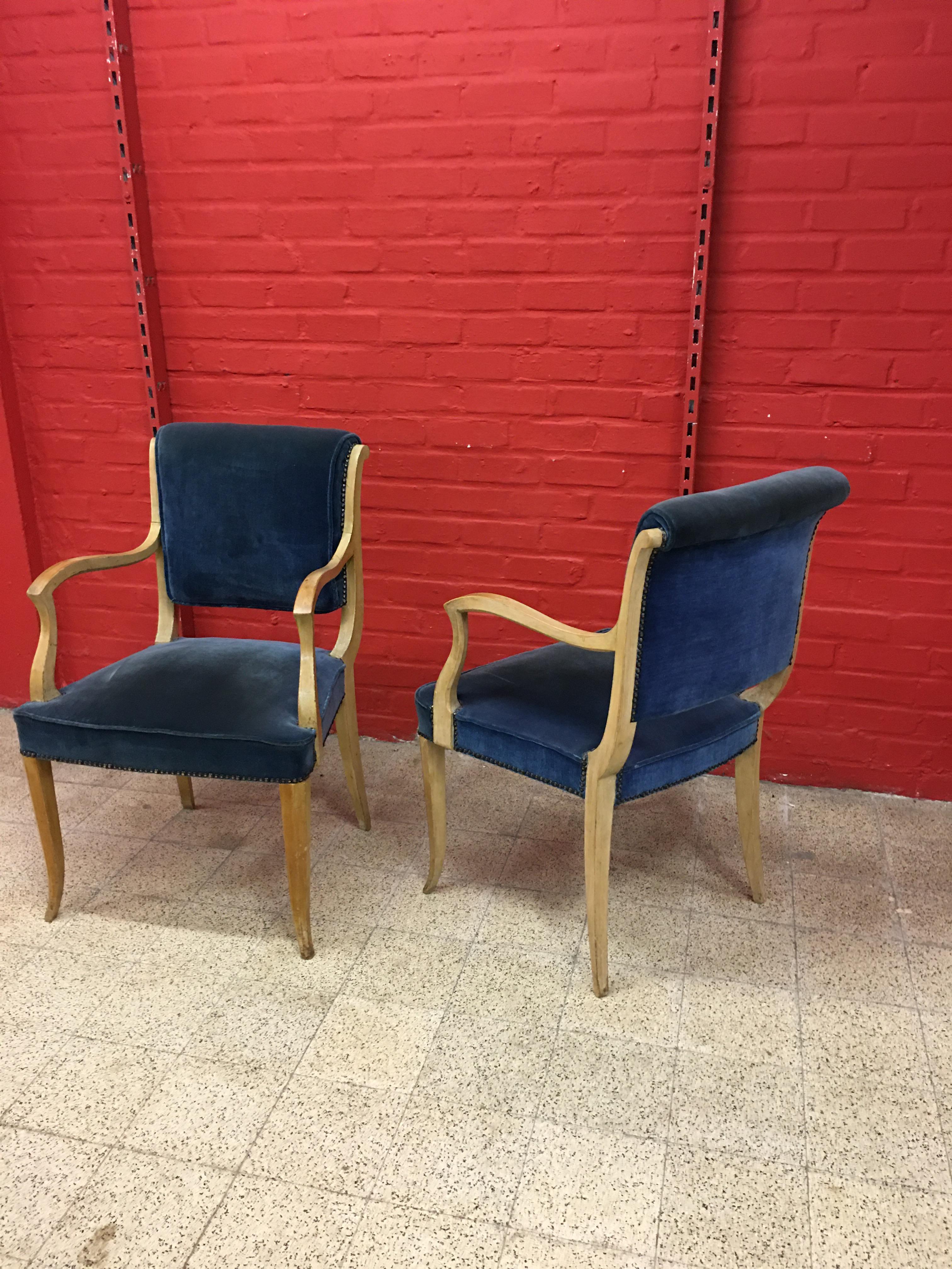 René Prou, Two Art Deco Armchairs in Lacquered Wood and Blue Velvet For Sale 5