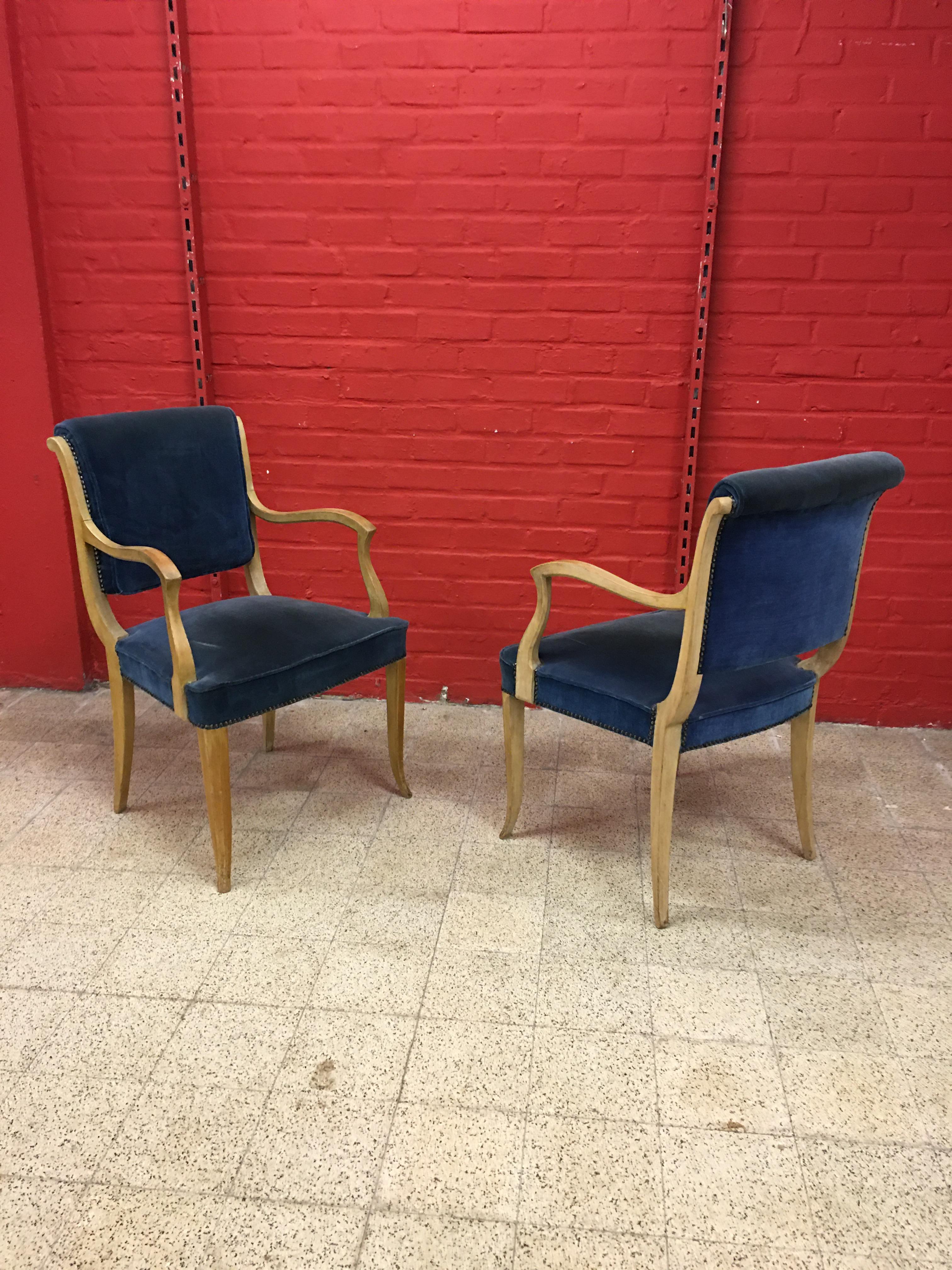 René Prou, Two Art Deco Armchairs in Lacquered Wood and Blue Velvet For Sale 6