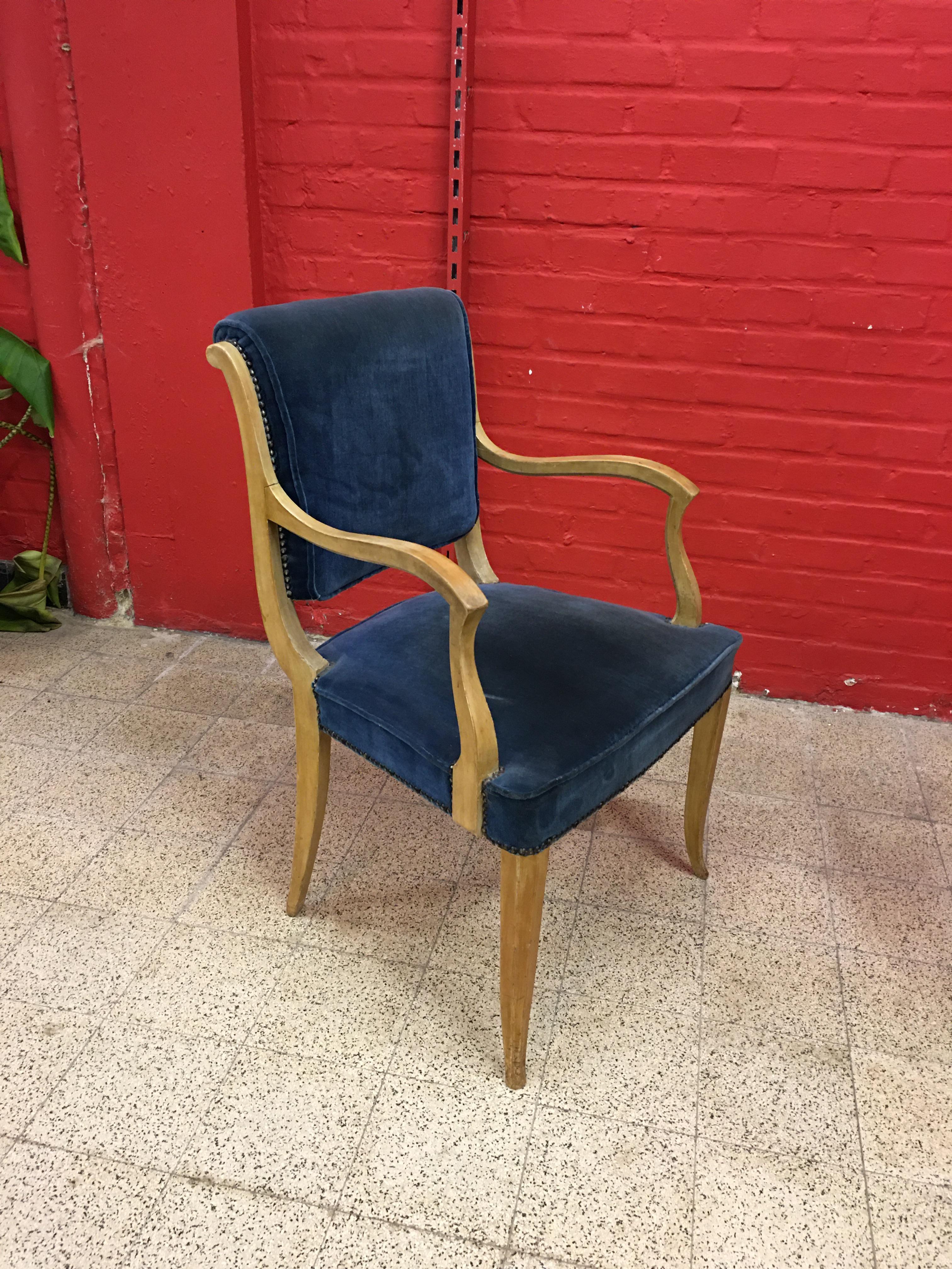 French René Prou, Two Art Deco Armchairs in Lacquered Wood and Blue Velvet For Sale