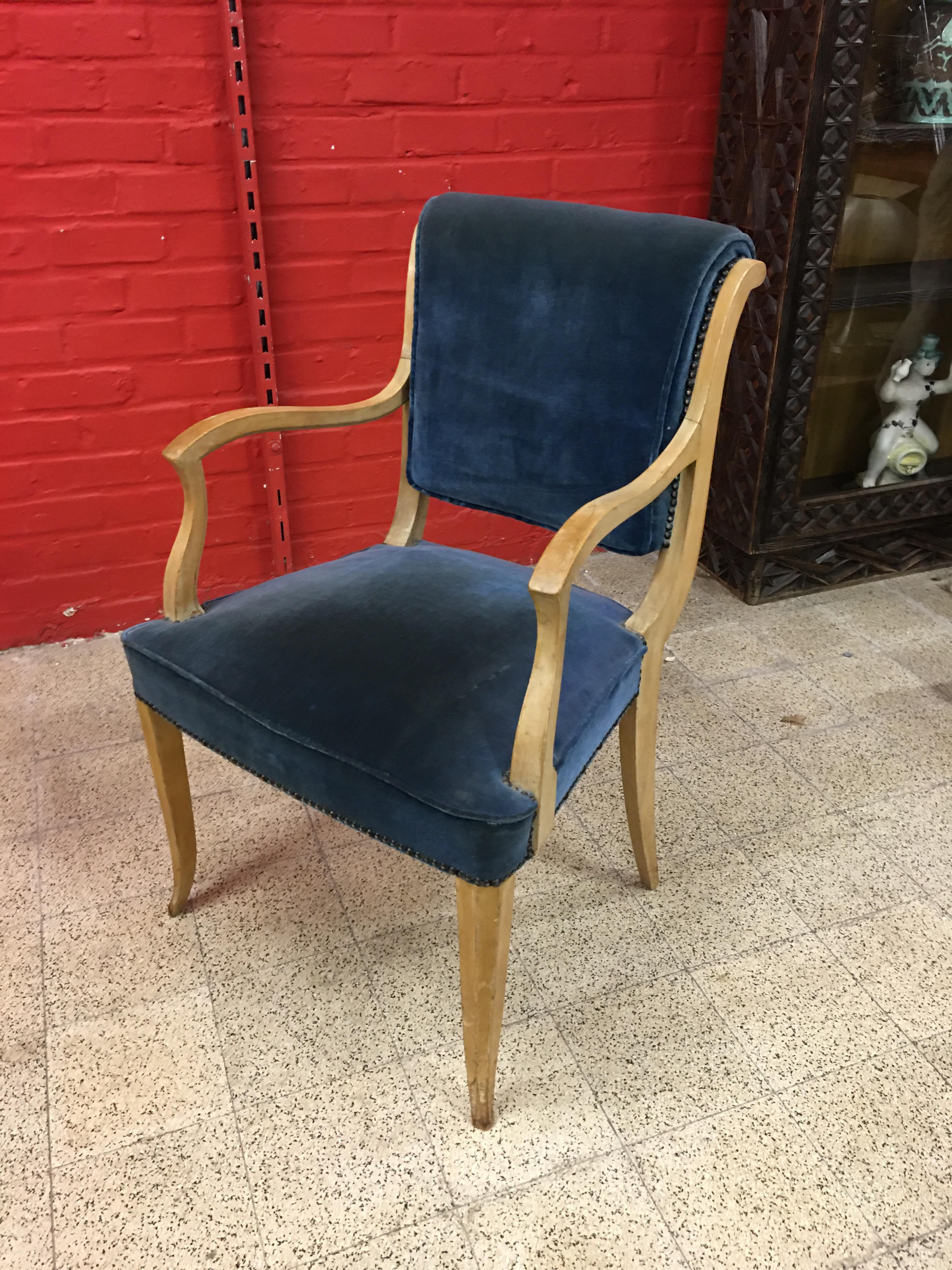 René Prou, Two Art Deco Armchairs in Lacquered Wood and Blue Velvet In Good Condition For Sale In Saint-Ouen, FR