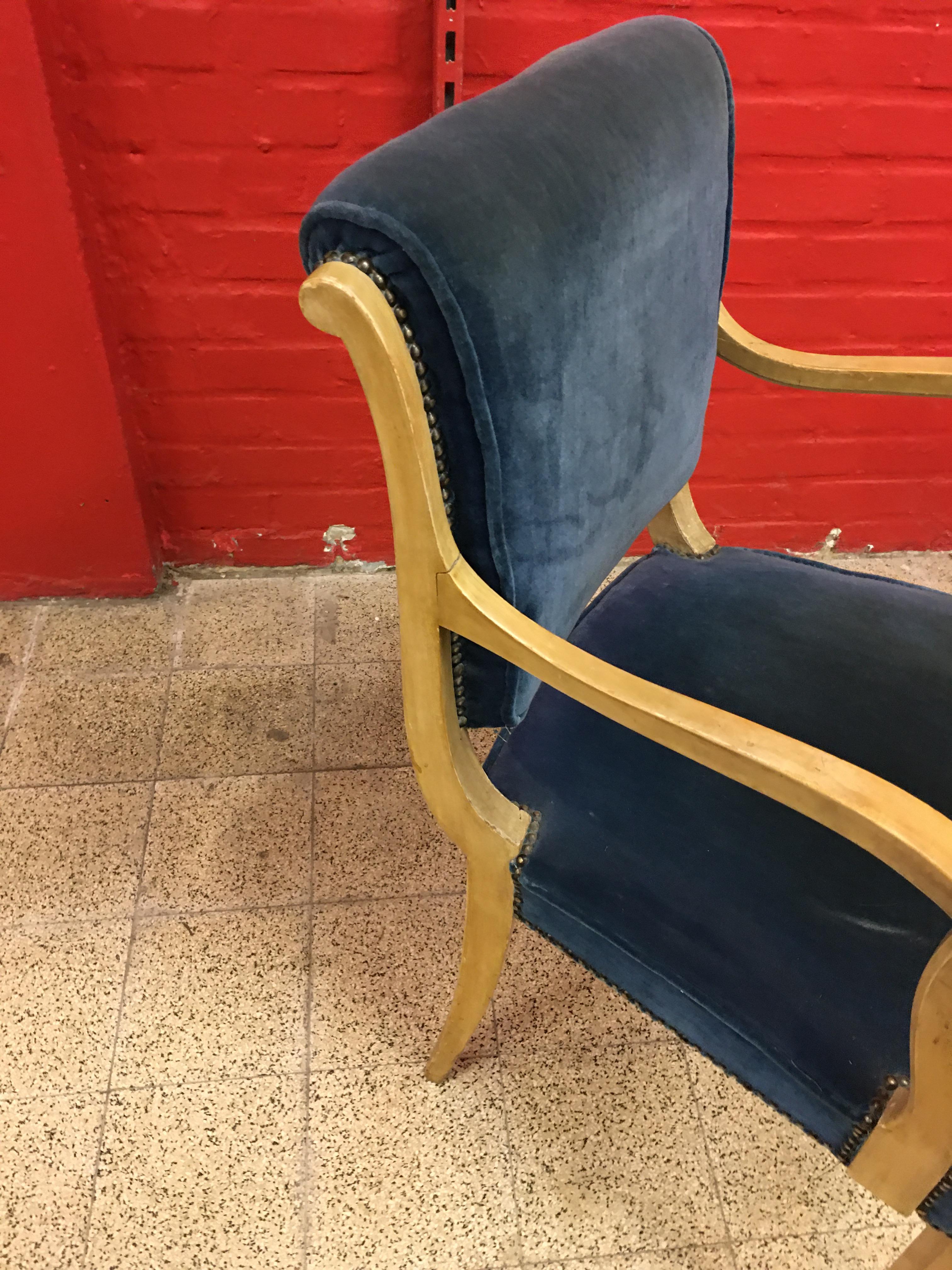 Mid-20th Century René Prou, Two Art Deco Armchairs in Lacquered Wood and Blue Velvet For Sale