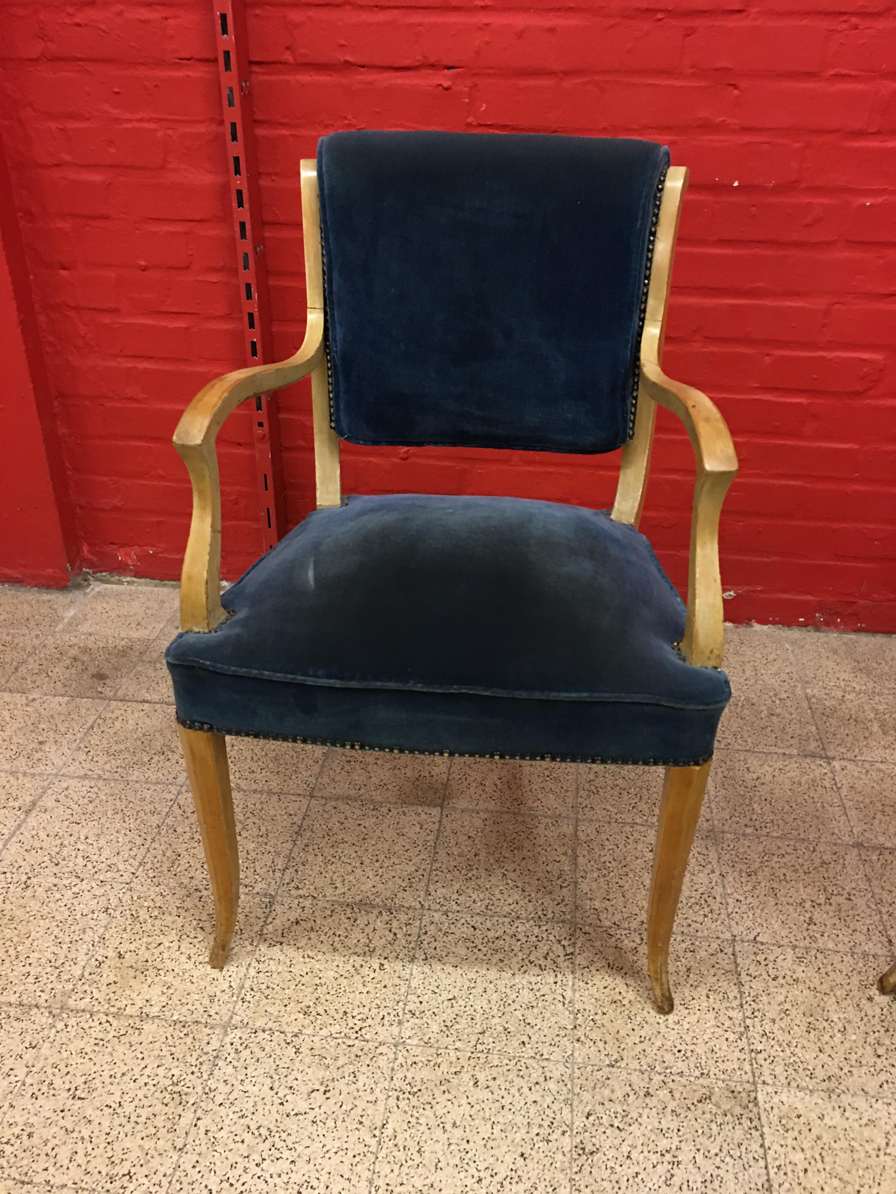 René Prou, Two Art Deco Armchairs in Lacquered Wood and Blue Velvet For Sale 1