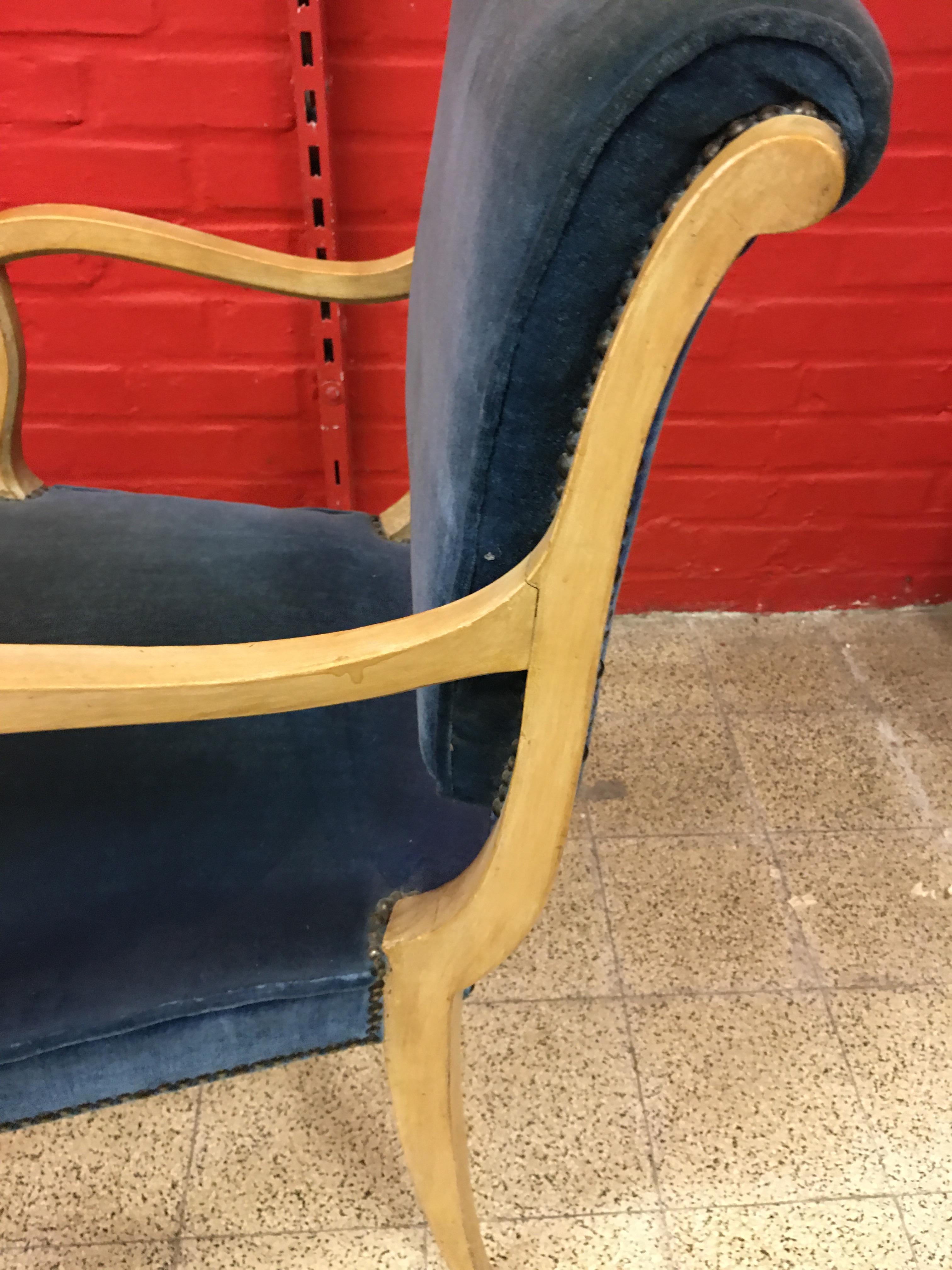 René Prou, Two Art Deco Armchairs in Lacquered Wood and Blue Velvet For Sale 2