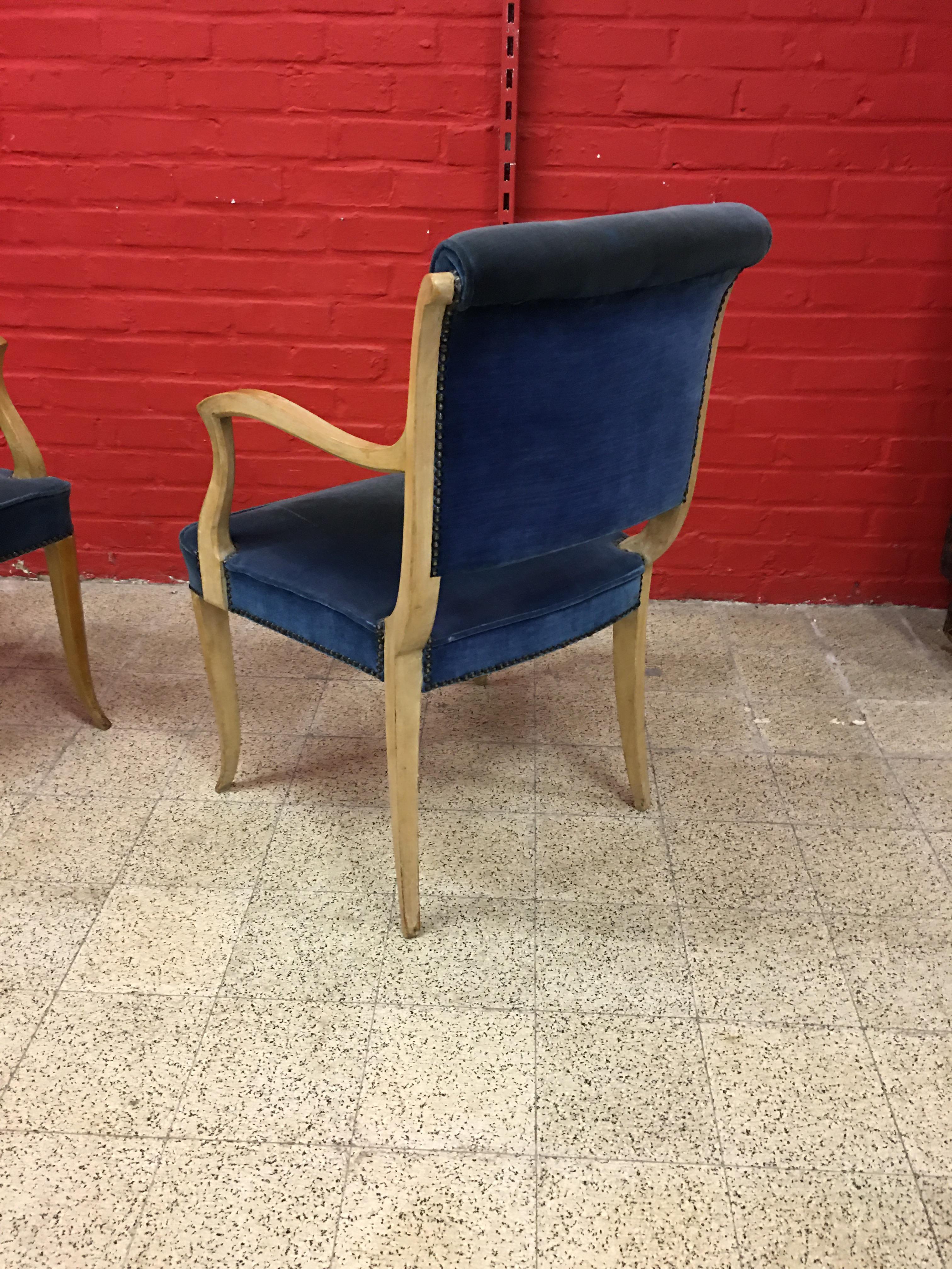René Prou, Two Art Deco Armchairs in Lacquered Wood and Blue Velvet For Sale 3
