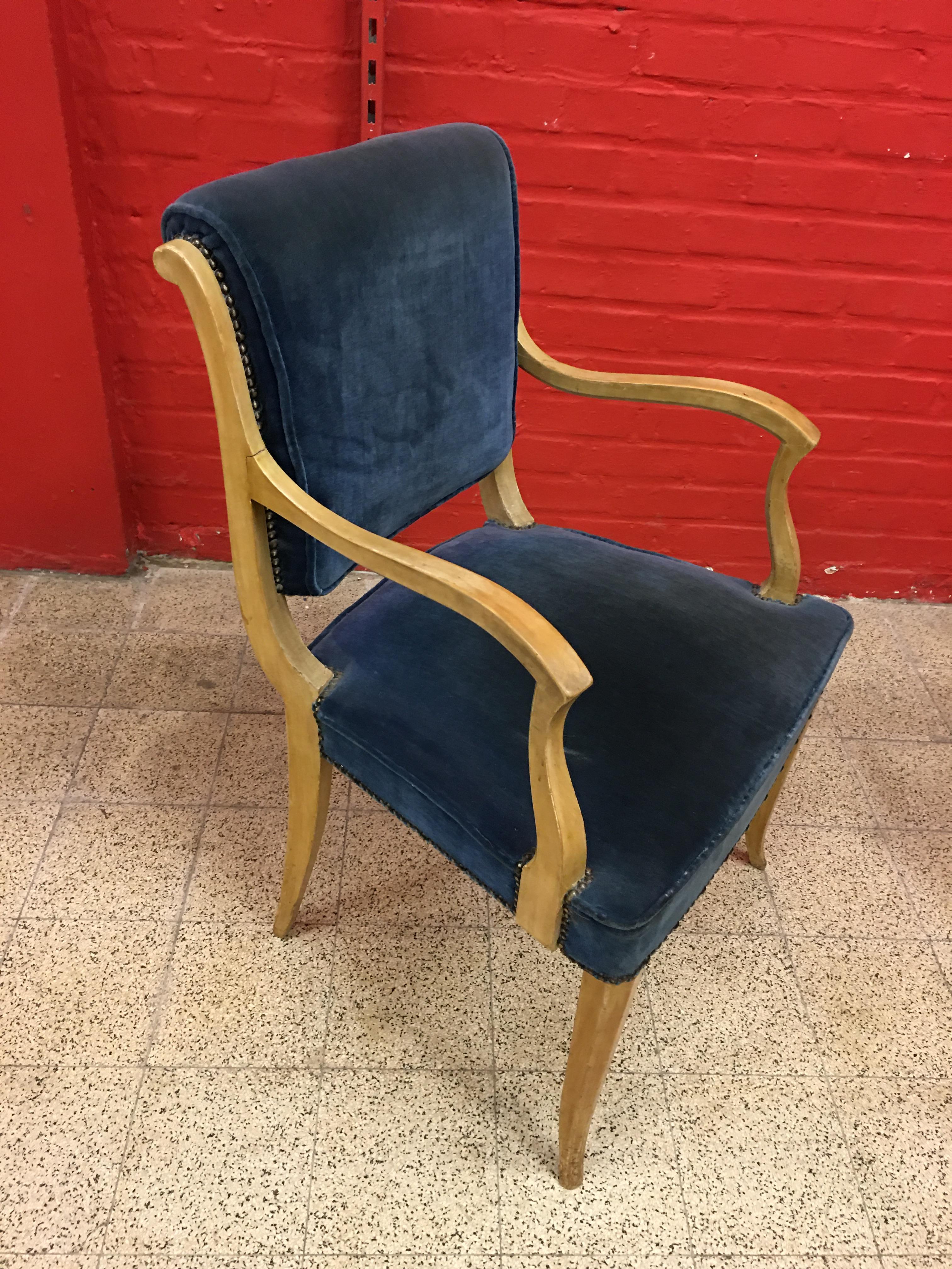 René Prou, Two Art Deco Armchairs in Lacquered Wood and Blue Velvet For Sale 4