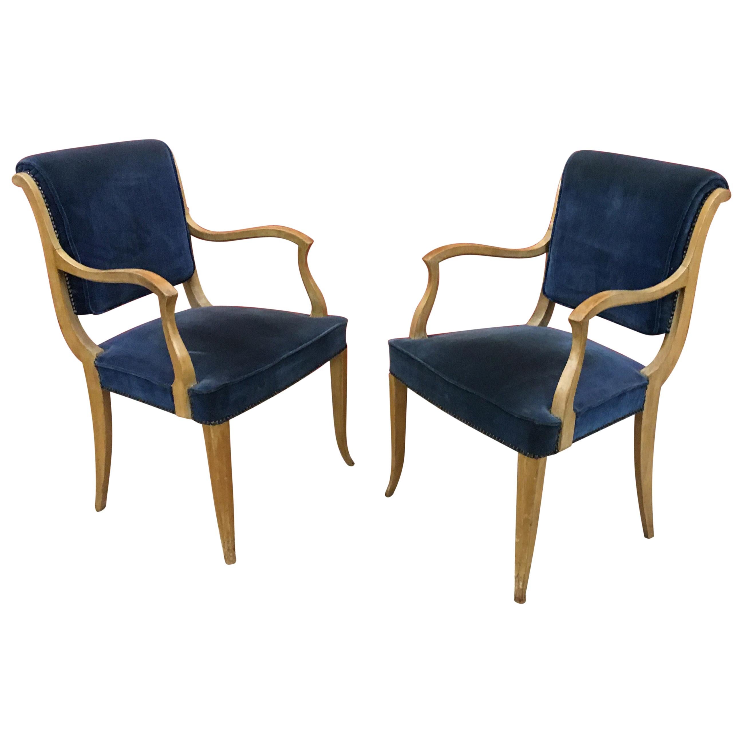 René Prou, Two Art Deco Armchairs in Lacquered Wood and Blue Velvet