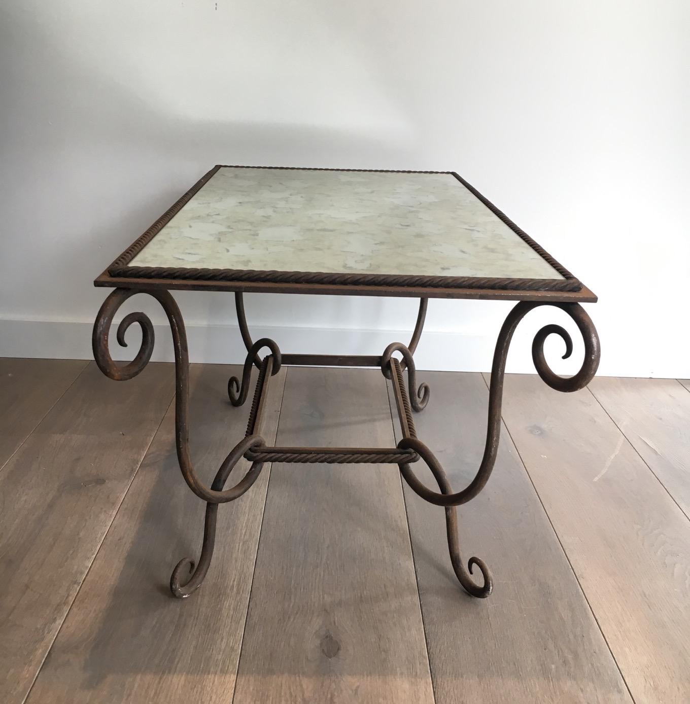 René Prou, Wrought and Hammered Iron Coffee Table with Faux-Antique Mirror Top 6