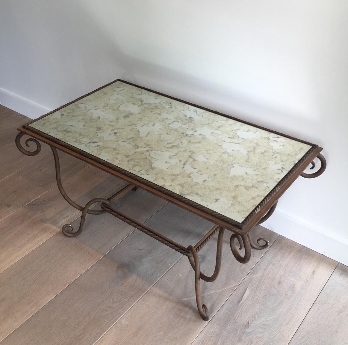 René Prou, Wrought and Hammered Iron Coffee Table with Faux-Antique Mirror Top 7