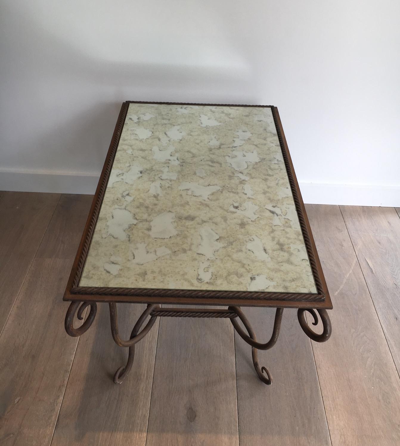 René Prou, Wrought and Hammered Iron Coffee Table with Faux-Antique Mirror Top 8