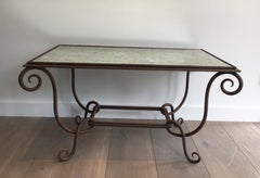 René Prou, Wrought and Hammered Iron Coffee Table with Faux-Antique Mirror Top