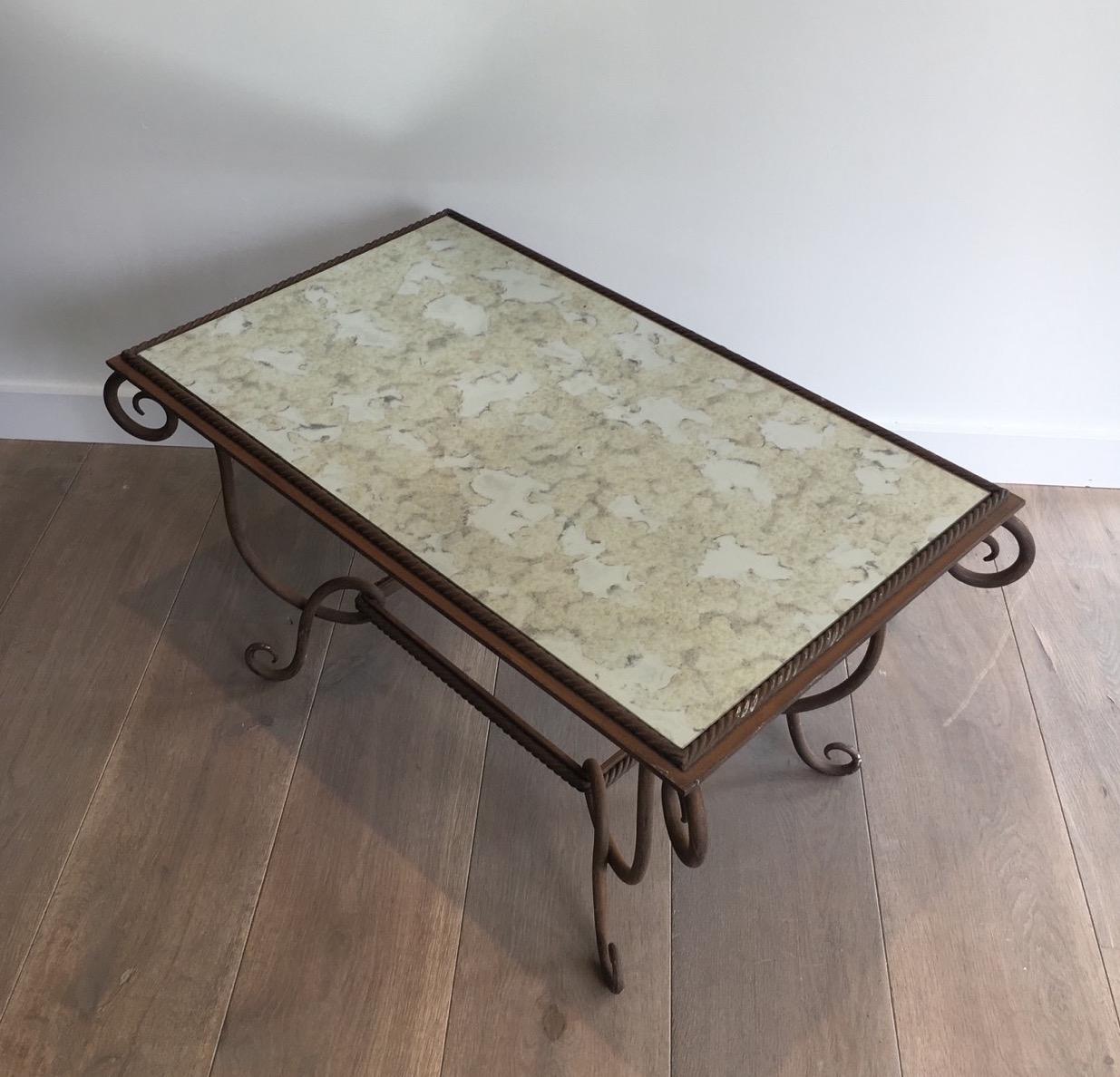 René Prou, Wrought and Hammered Iron Coffee Table with Faux-Antique Mirror Top 15