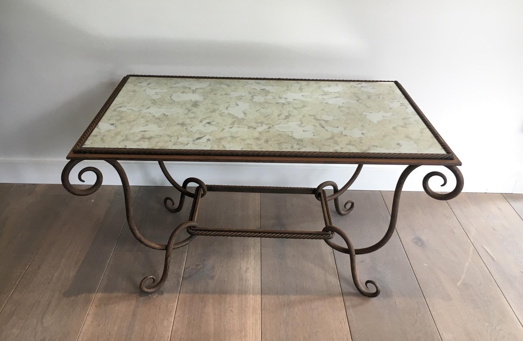 French René Prou, Wrought and Hammered Iron Coffee Table with Faux-Antique Mirror Top