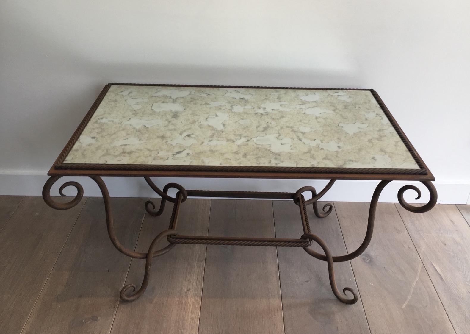 Mid-20th Century René Prou, Wrought and Hammered Iron Coffee Table with Faux-Antique Mirror Top