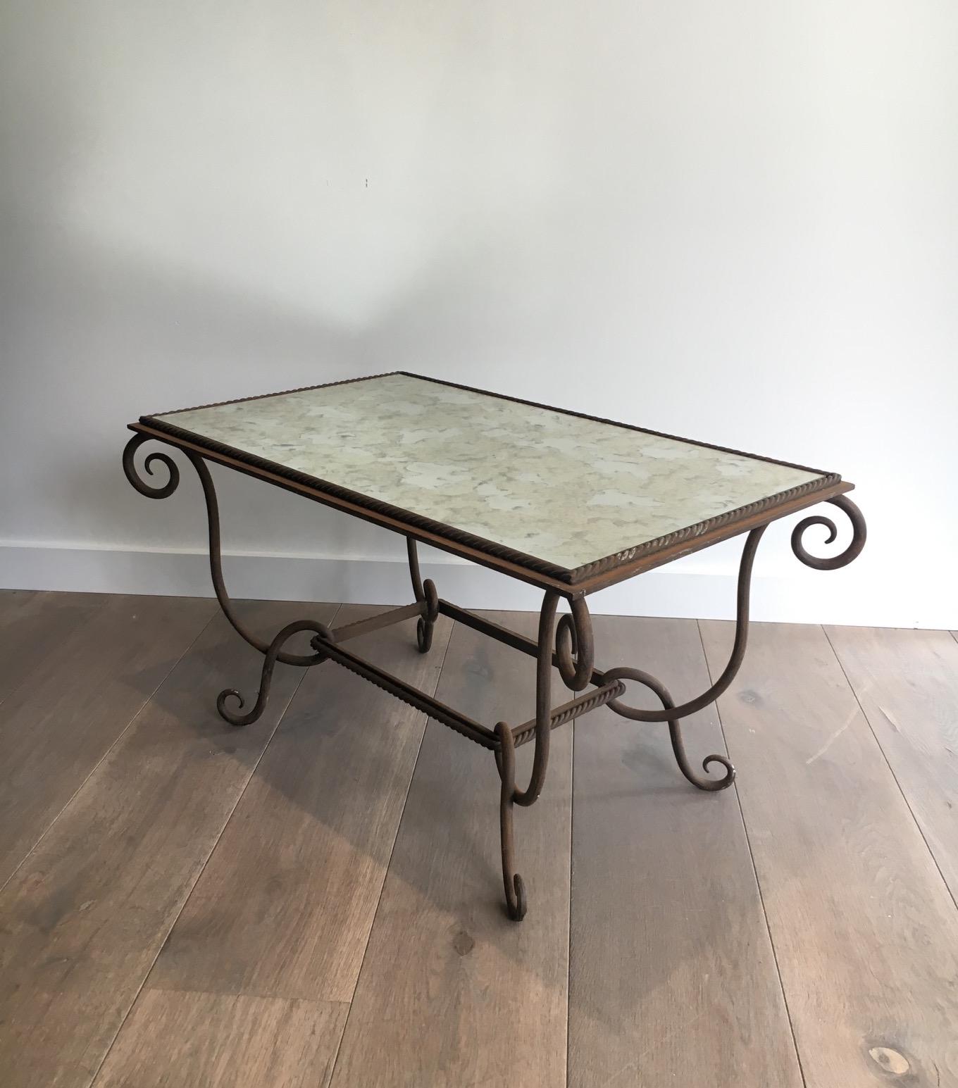 René Prou, Wrought and Hammered Iron Coffee Table with Faux-Antique Mirror Top 1