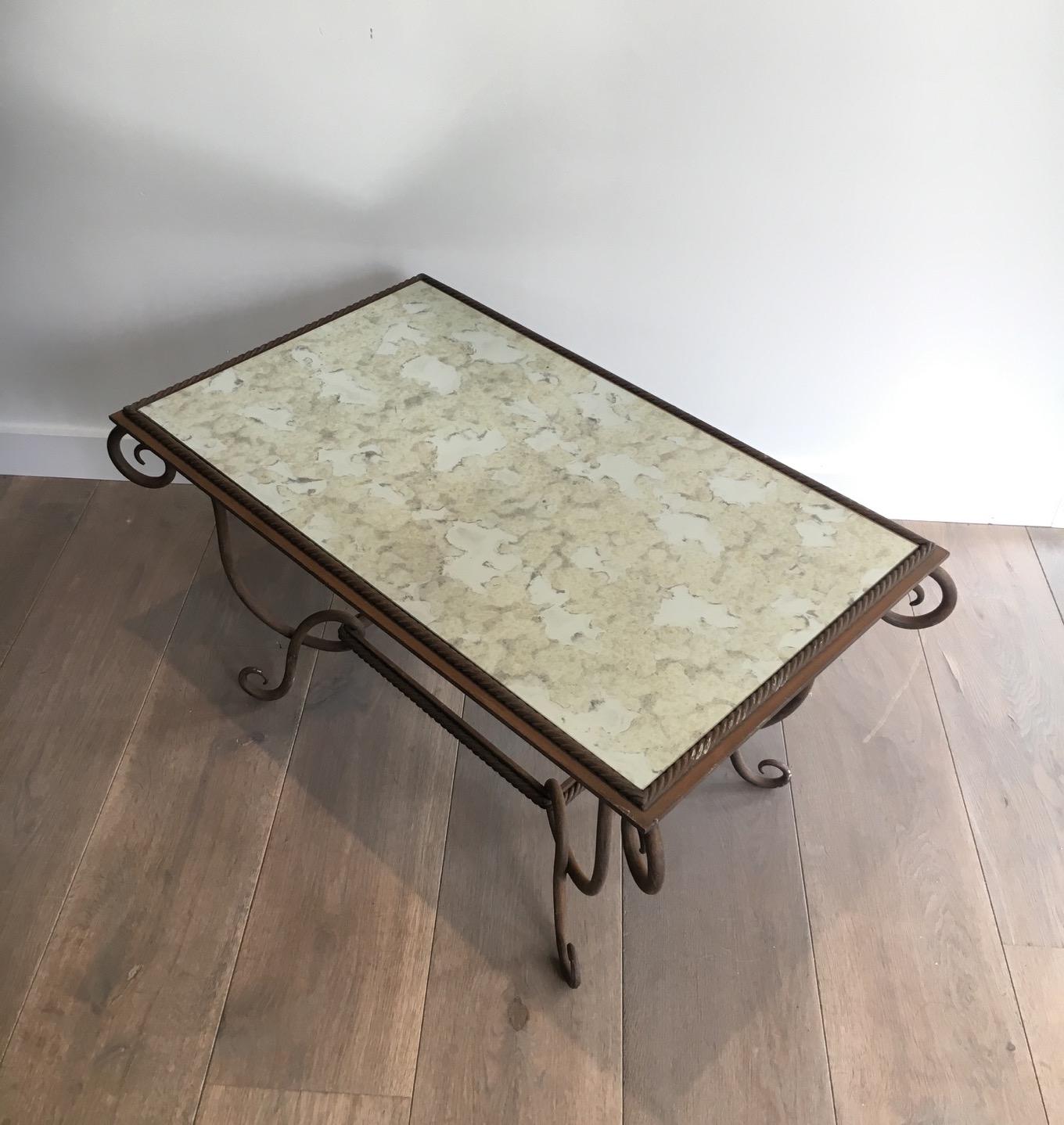René Prou, Wrought and Hammered Iron Coffee Table with Faux-Antique Mirror Top 2