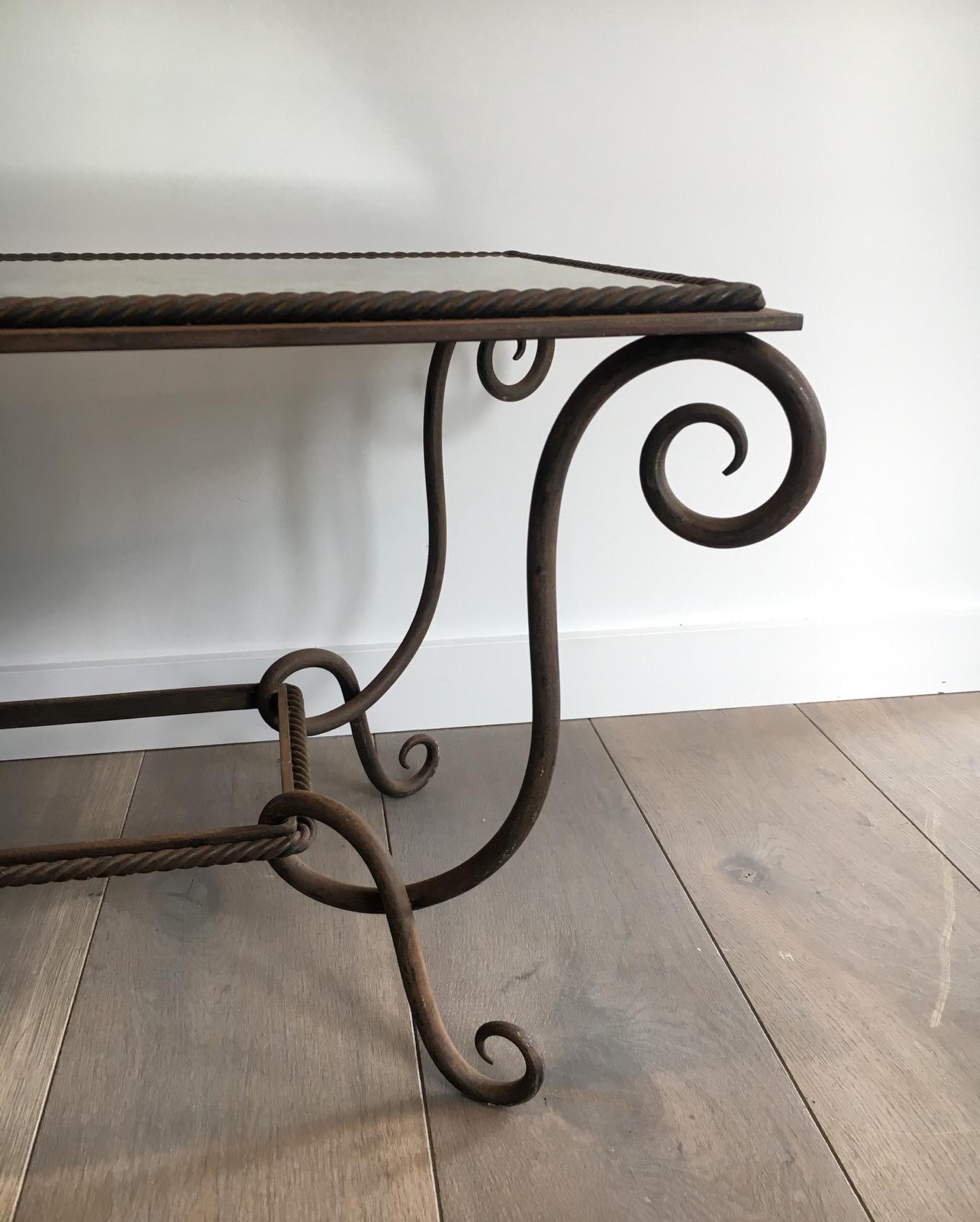 René Prou, Wrought and Hammered Iron Coffee Table with Faux-Antique Mirror Top 3