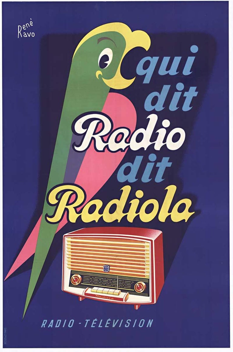 Rene Ravo Animal Print - Original Radio Radiola vintage French poster with parrot