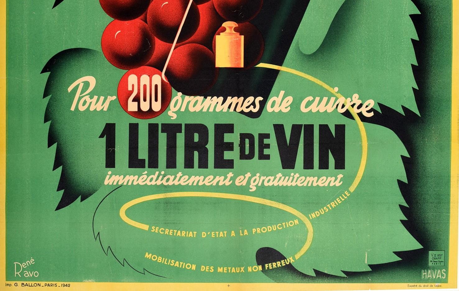 Original Vintage-Poster aus dem Zweiten Weltkrieg, Französisch, Wein, Freies Lith, De Vin, Kupfer, Recycling, Krieg (Grün), Print, von Rene Ravo