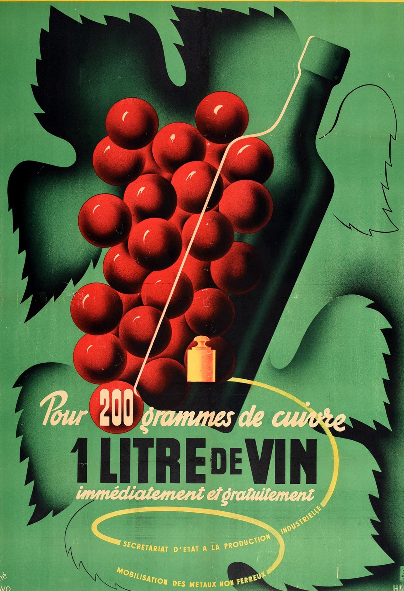 Poster di propaganda originale dell'epoca della Seconda Guerra Mondiale - Pour 200 grammes de cuivre 1 Litre de Vin immediatement et gratuitement Secretariat d'etat a la production industrielle mobilisation des metaux non ferreux / Per 200 grammi di
