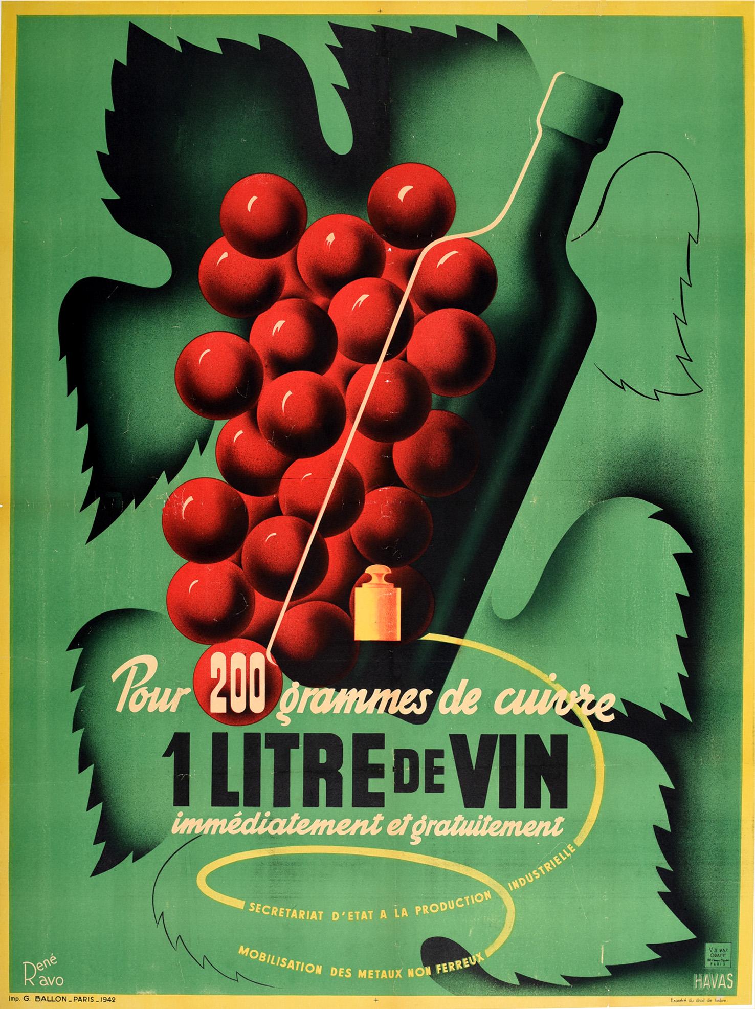 Rene Ravo Print - Original Vintage WWII Poster French Wine Free Litre De Vin Copper Recycling War