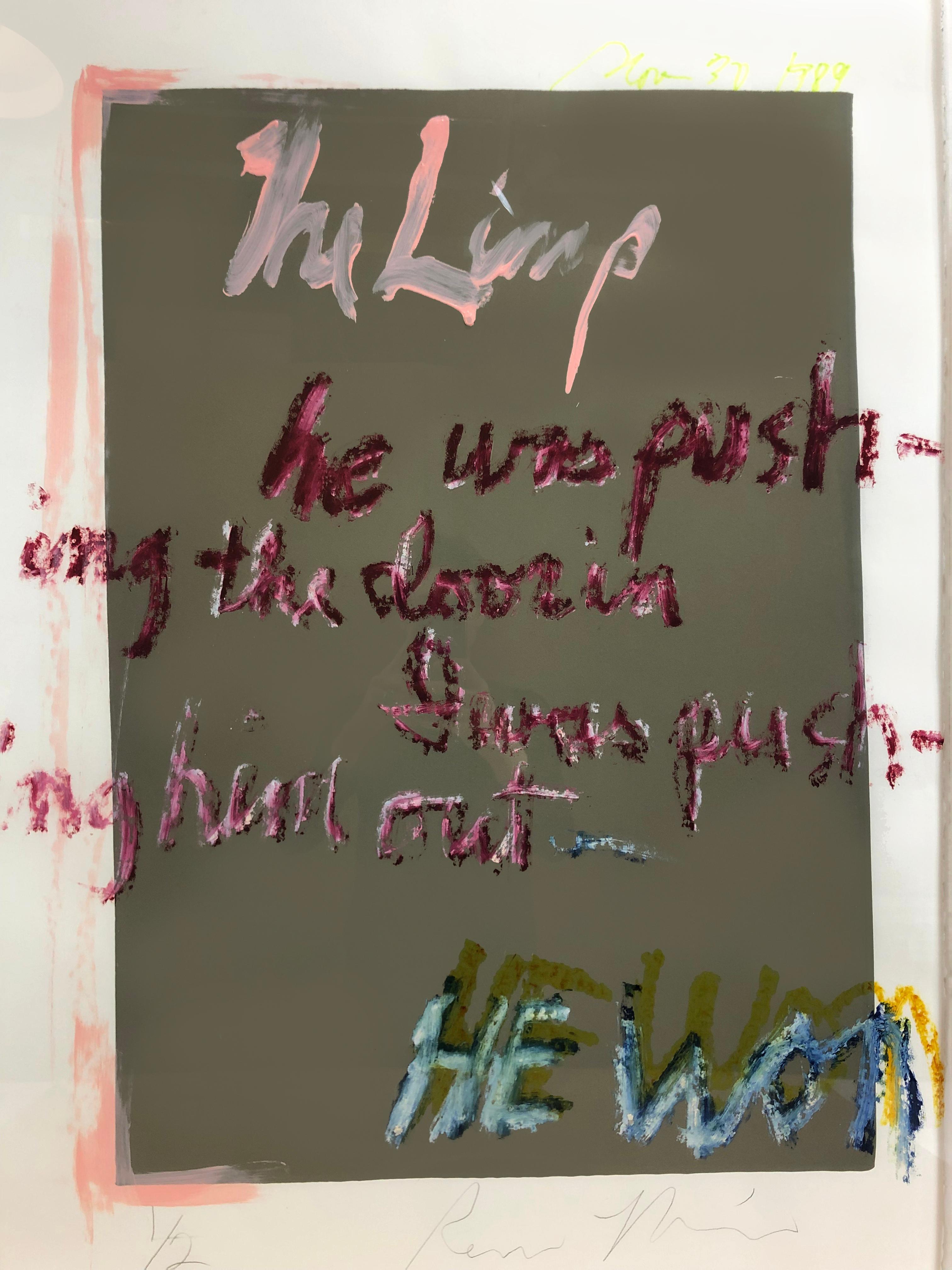 The Limp conjures the image of Rene consumed with energy and righteousness, then resignation: "He was pushing the door in, I was pushing him out / He won". The words are scrawled in pink, green and burgundy on a dark green khaki square. It’s