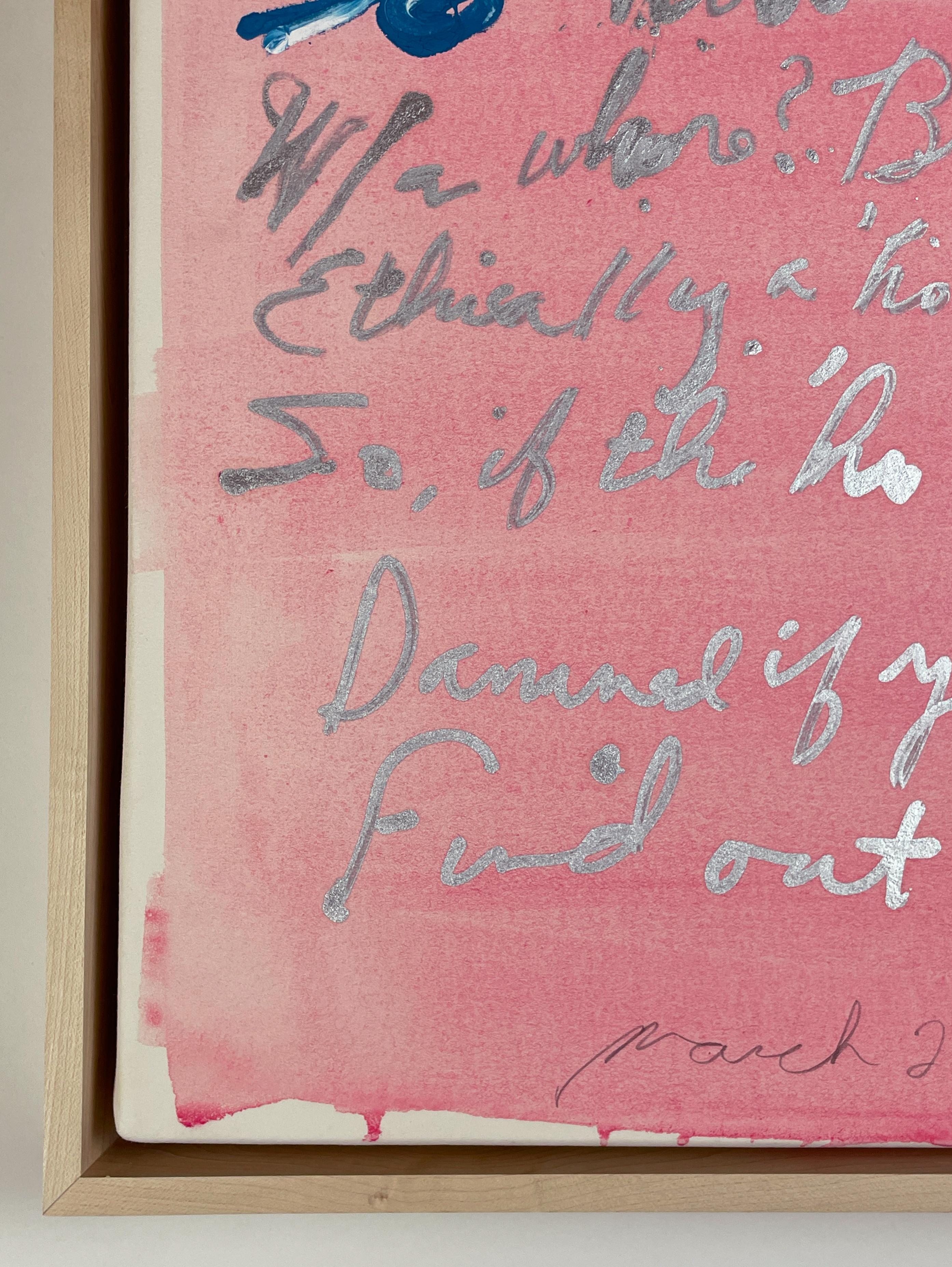Whore von Rene Ricard, rosa und silbernes Gemälde mit Poesie  im Angebot 1