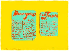 Vintage Dangerous Liaisons: Yellow, red, Tiffany blue abstract print with poetry 