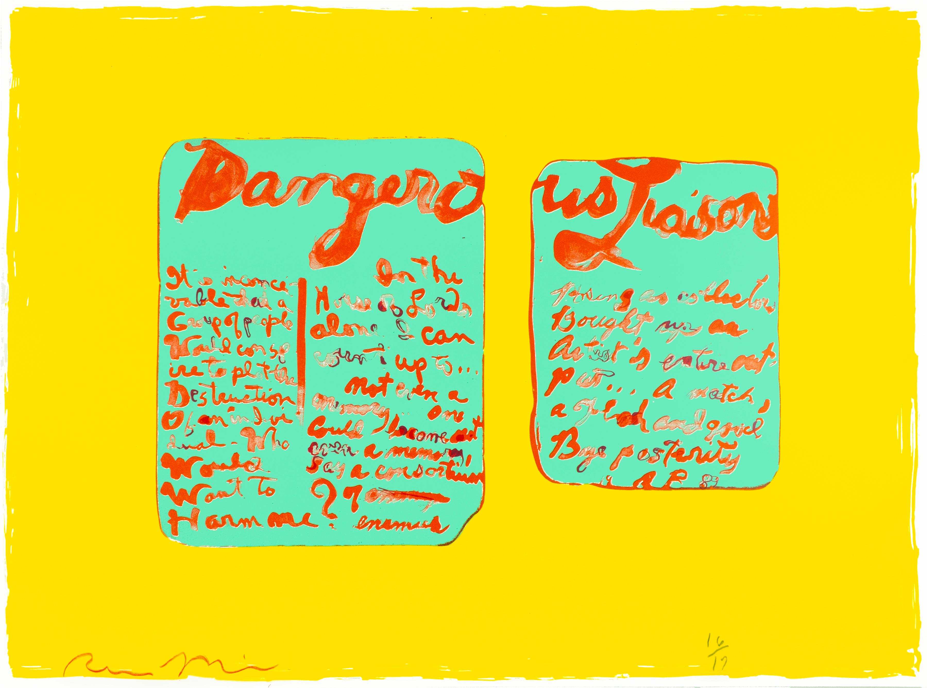 Rene Ricard Print - Dangerous Liaisons: Yellow, red, Tiffany blue abstract print with poetry 