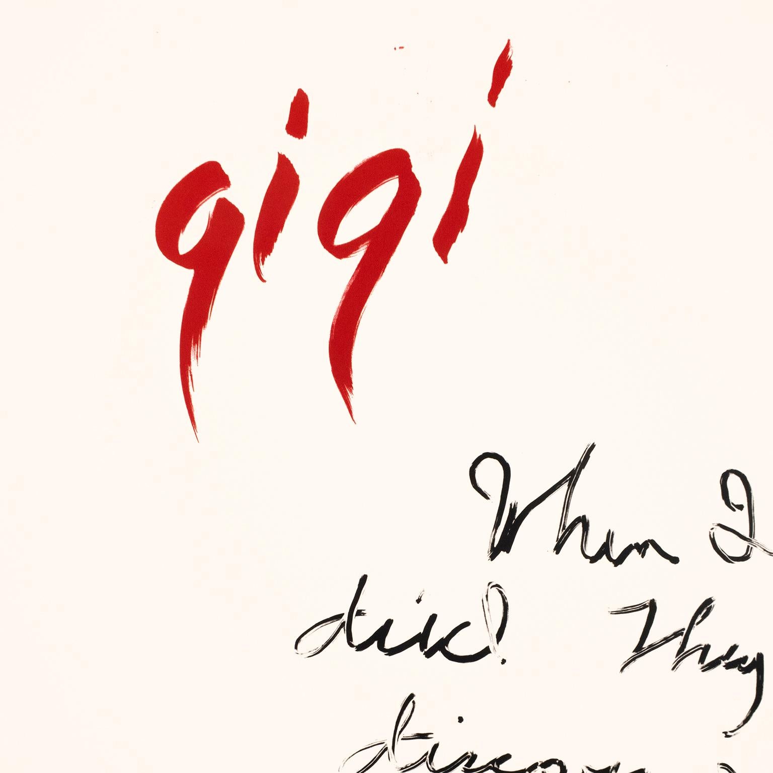 Rene Ricard Abstract Print - Gigi: red black abstract print with poetry based on 1950s vintage movie poster 