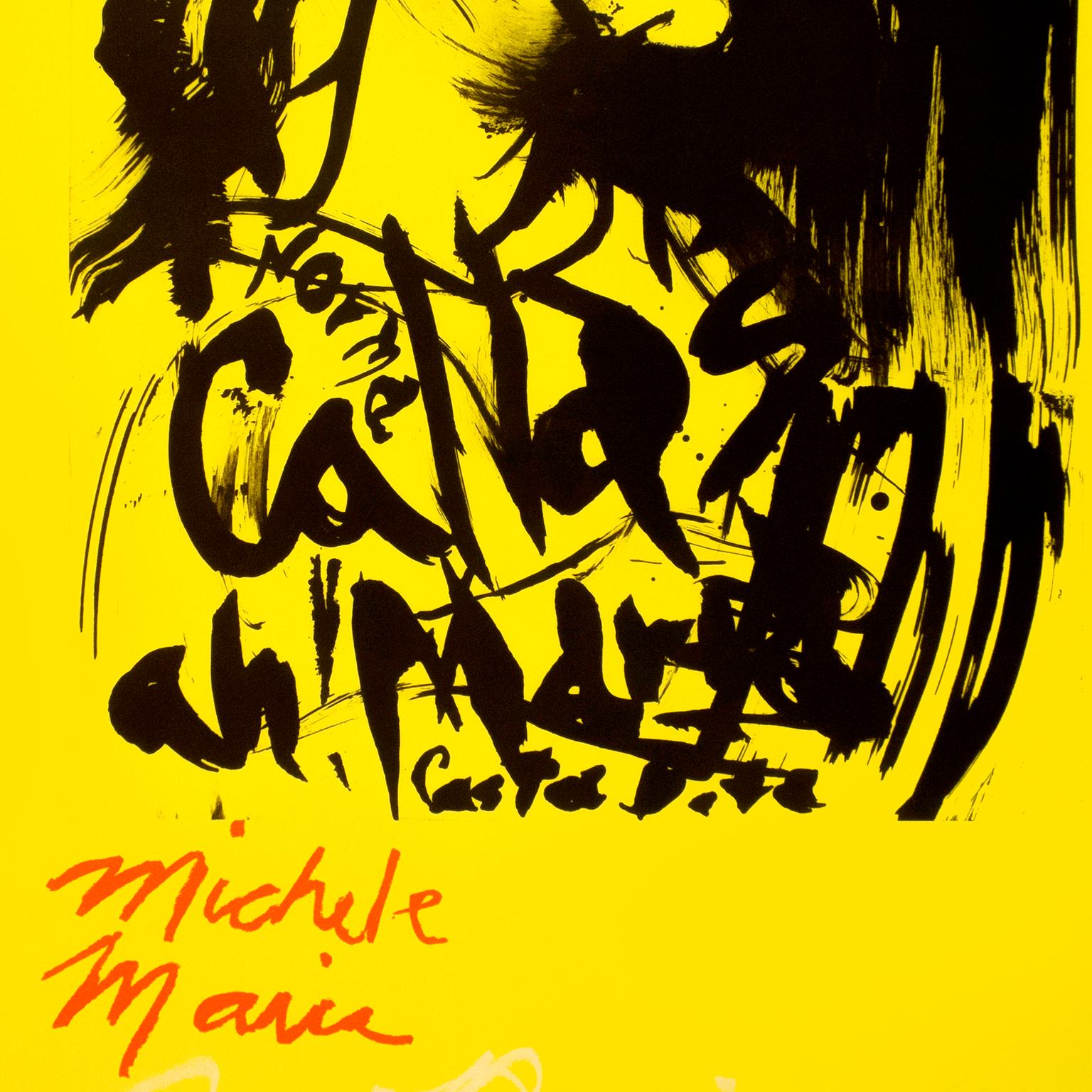 Michele Maria: bright yellow red Maria Callas opera artist portrait with poetry  - Print by Rene Ricard