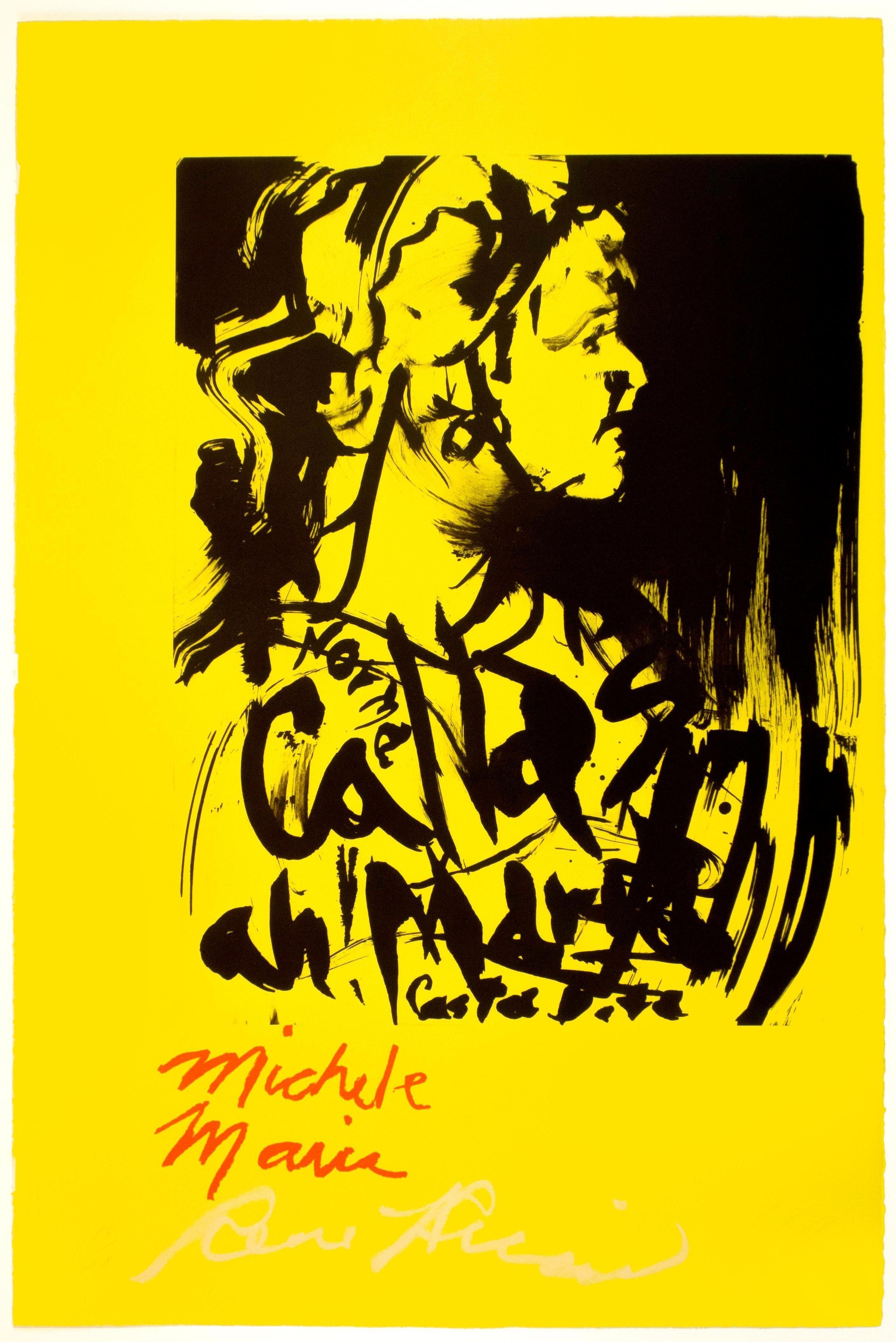 Rene Ricard Abstract Print - Michele Maria: bright yellow red Maria Callas opera artist portrait with poetry 