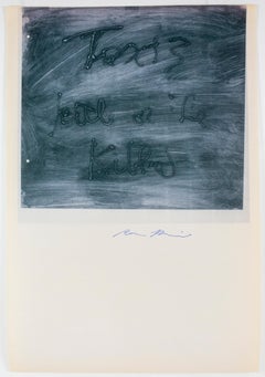 Taxis, Rene Ricard lithograph of New York City life in grey blue with poetry